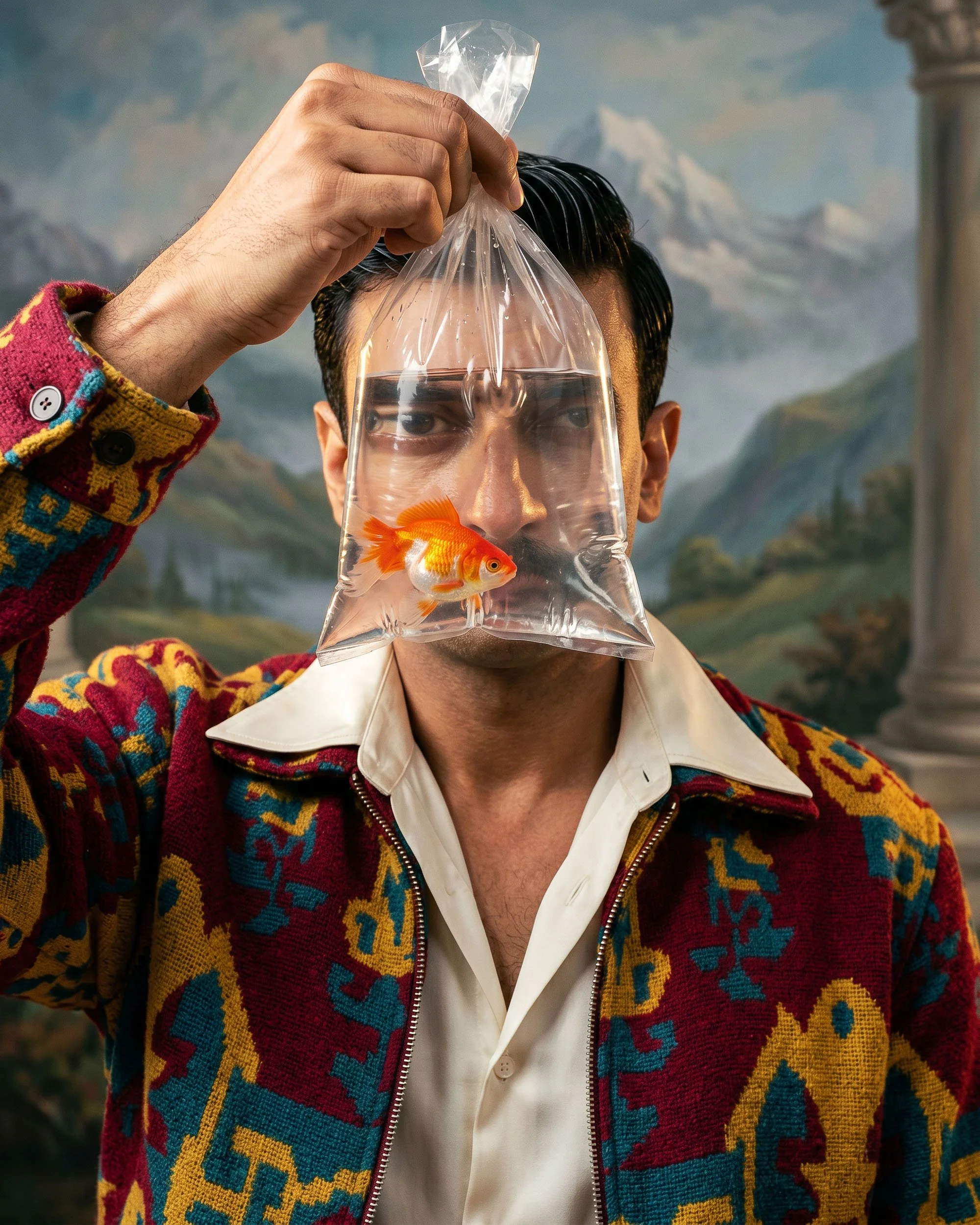 A man with a goldfish in a plastic bag held over his face, with only his eyes visible, wearing a colorful patterned jacket and white shirt, against a painted landscape background.