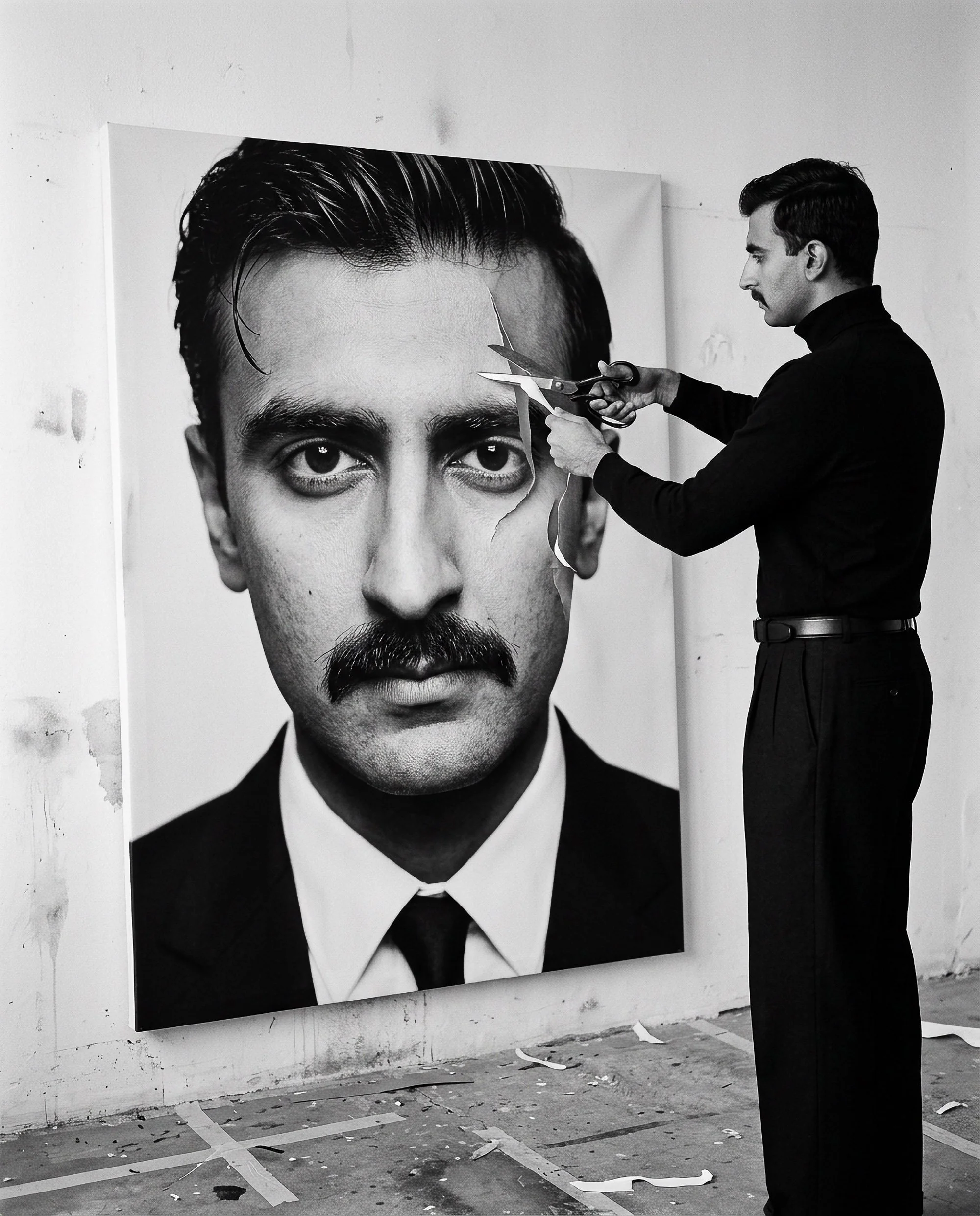 A man with dark hair and mustache, dressed in black, is cutting a large black-and-white portrait of a man's face with scissors in an art studio or gallery.