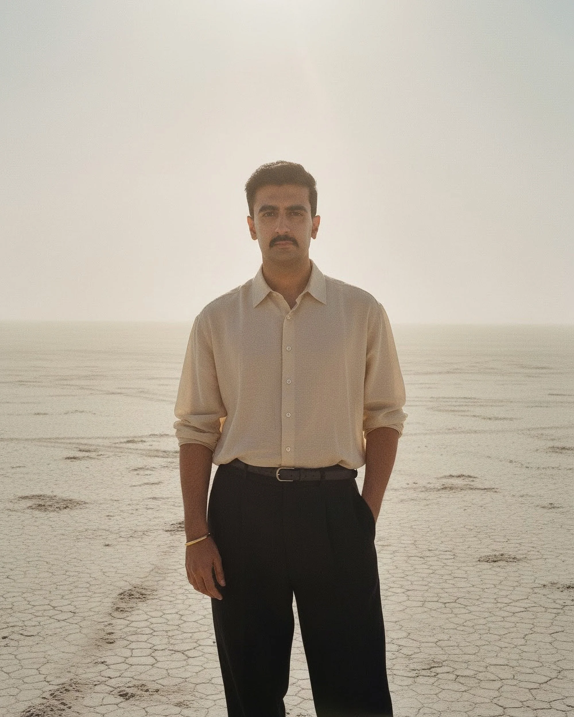 A man with a mustache standing outdoors on a dry, cracked plain with a bright sky behind him.