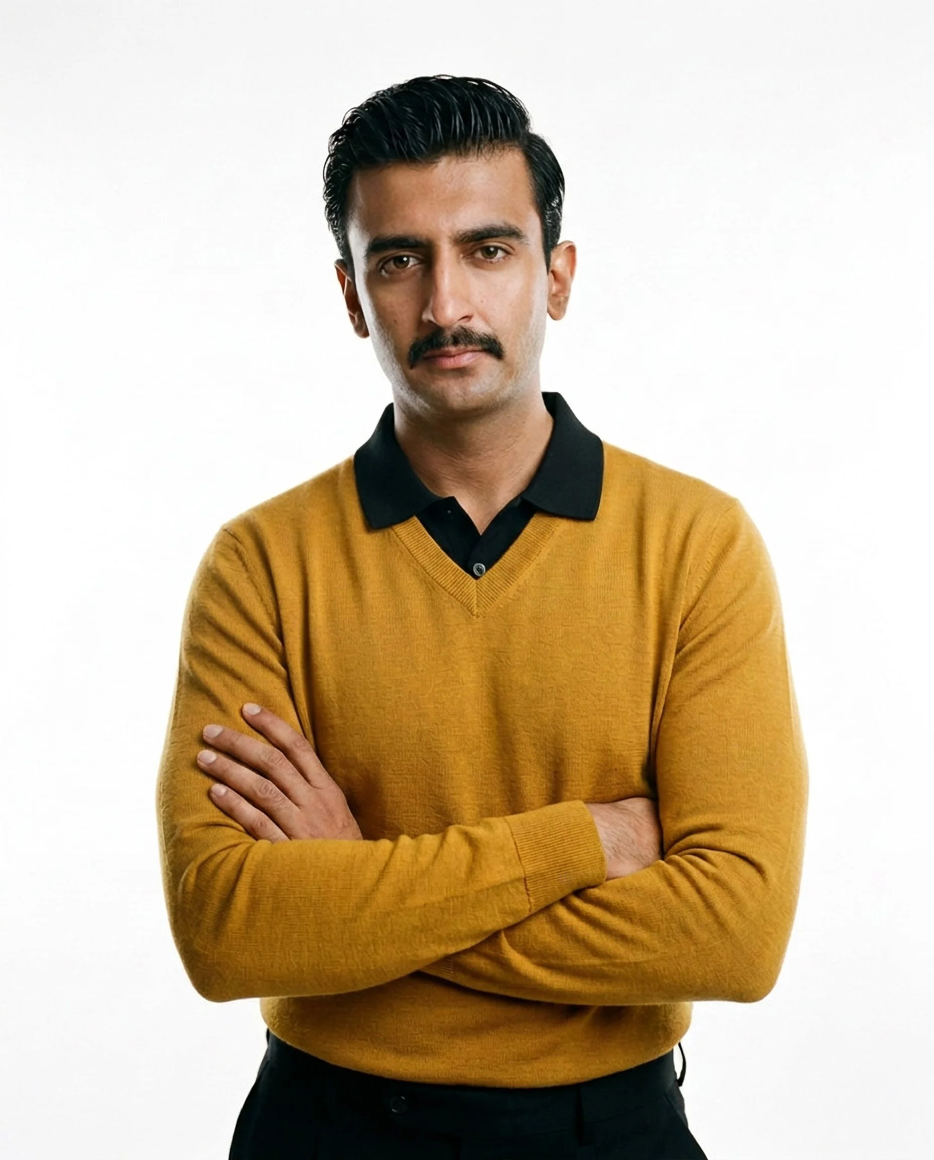 A man with dark hair, a mustache, wearing a mustard yellow sweater over a black collared shirt, stands with arms crossed against a white background.