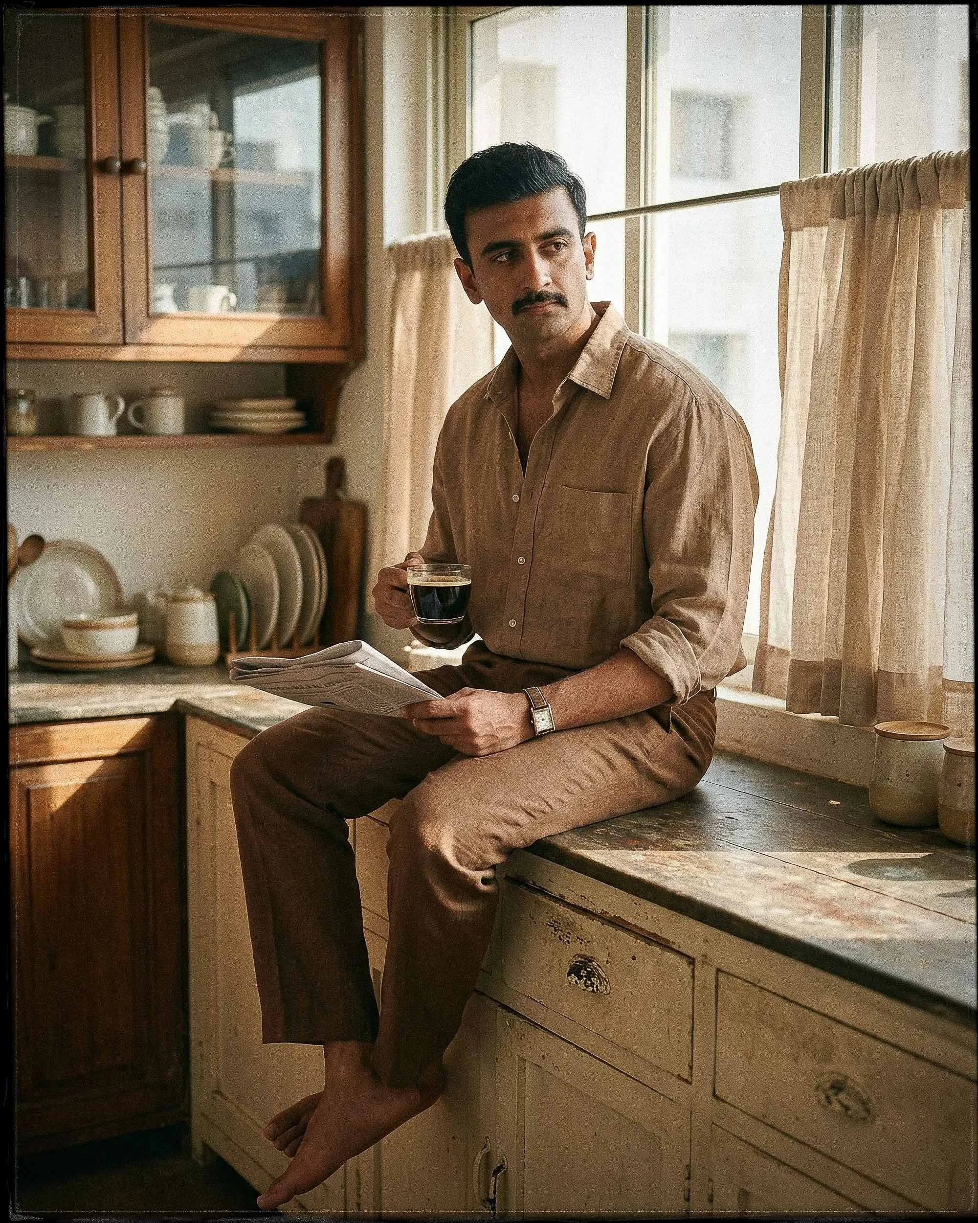 A man sitting on a kitchen counter, holding a glass of dark beverage, looking out the window. He has dark hair, a mustache, and is wearing a brown shirt with the sleeves rolled up. The kitchen has wooden cabinets, plates, cups, and bowls inside a gla