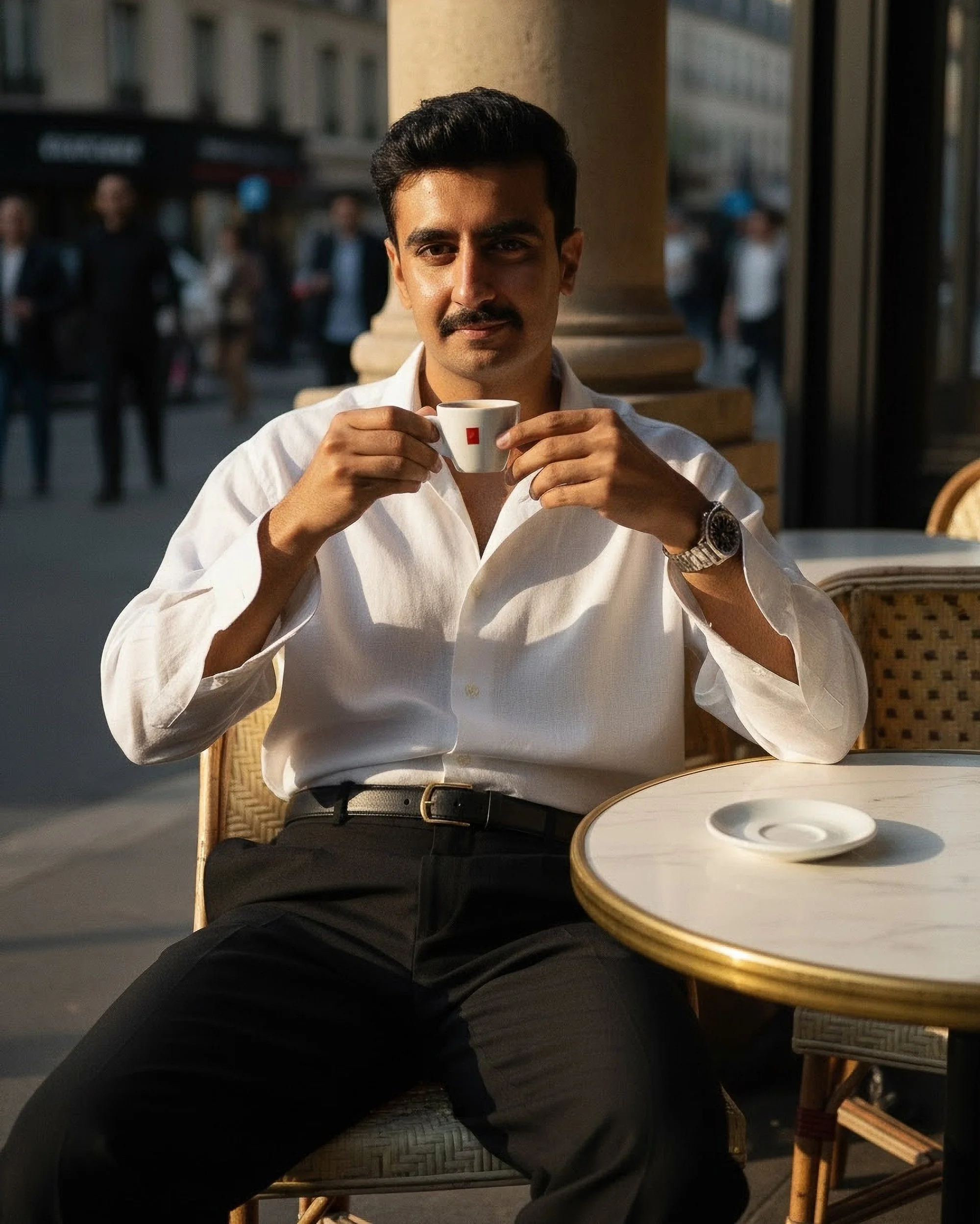 A man with dark hair, a mustache, wearing a white shirt, holding a small cup of coffee at an outdoor cafe during the daytime, with several blurred people in the background.