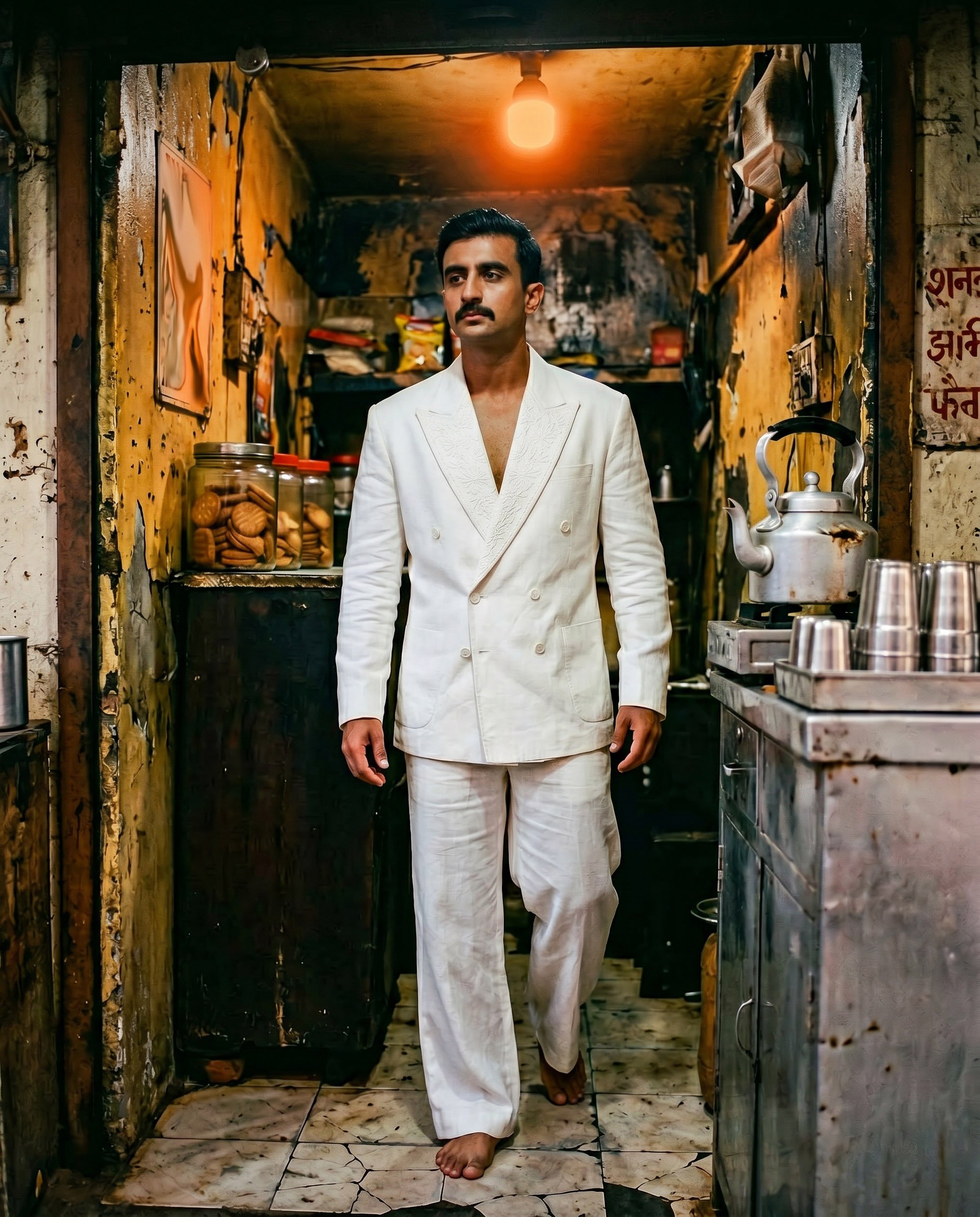 A man in a white suit walking barefoot through a narrow, dimly lit alley with peeling yellow walls, a ceiling light, jars of cookies on the left, and a silver teapot on the right.