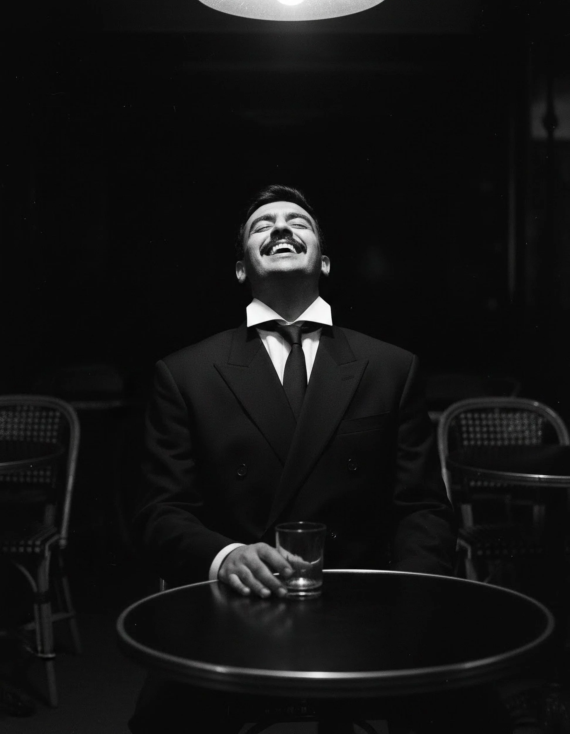 A man with a mustache and tie, sitting at a table with a glass of wine, dressed in a suit, in a dark setting, possibly a bar or lounge, with chairs around.