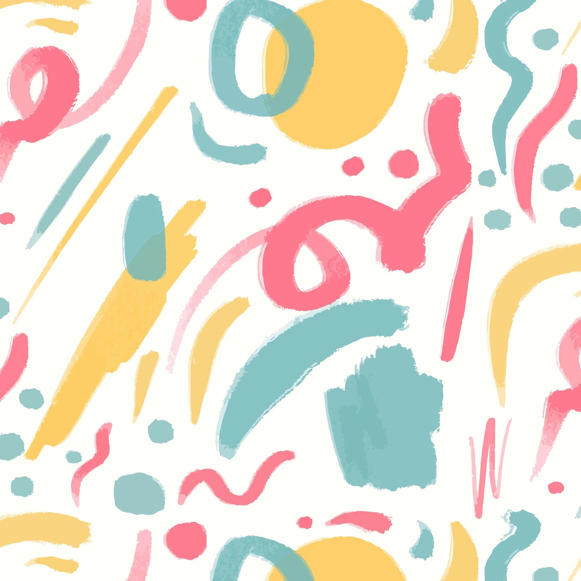 Arte abstrato com desenhos coloridos em tons pastel, incluindo linhas curvas, círculos e traçados aleatórios em cores rosa, azul, amarelo e branco.