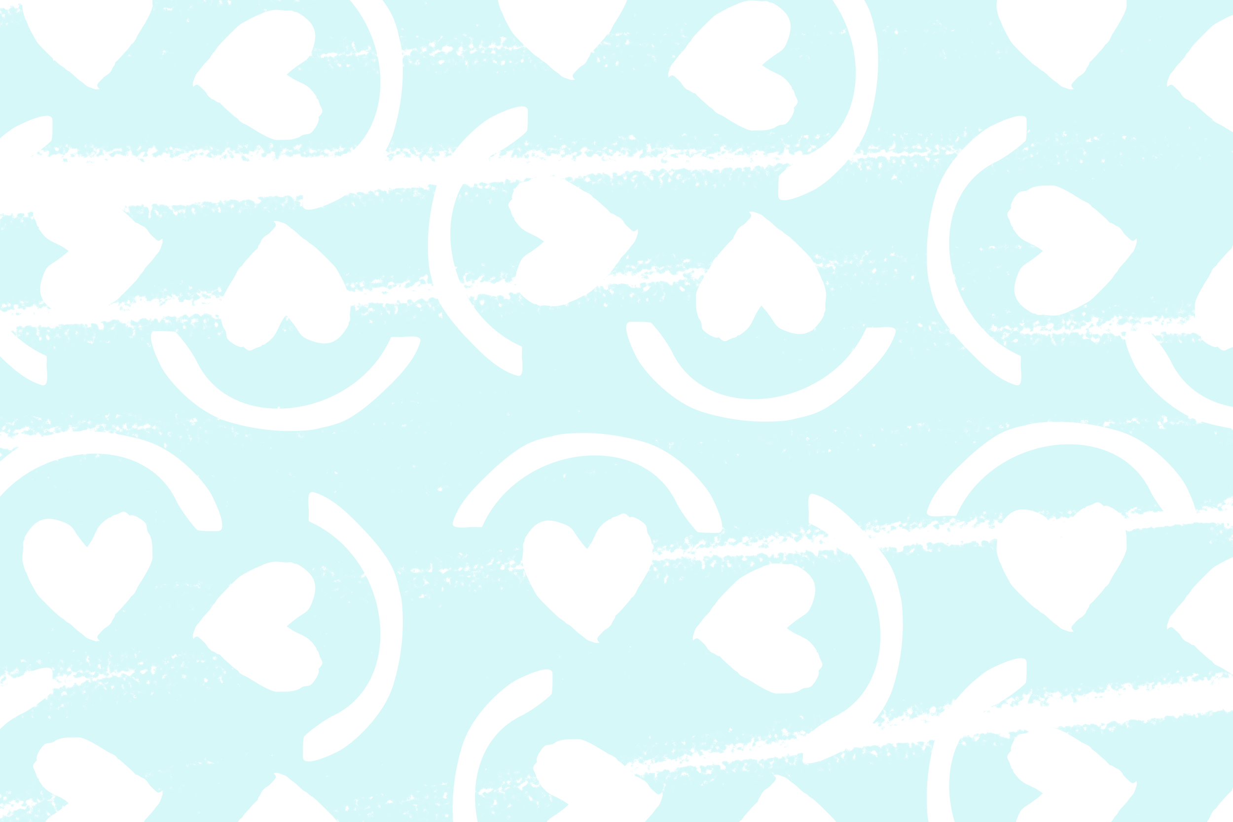 Fundo com padrão de corações brancos e detalhes em cores pastel sobre um fundo azul claro.