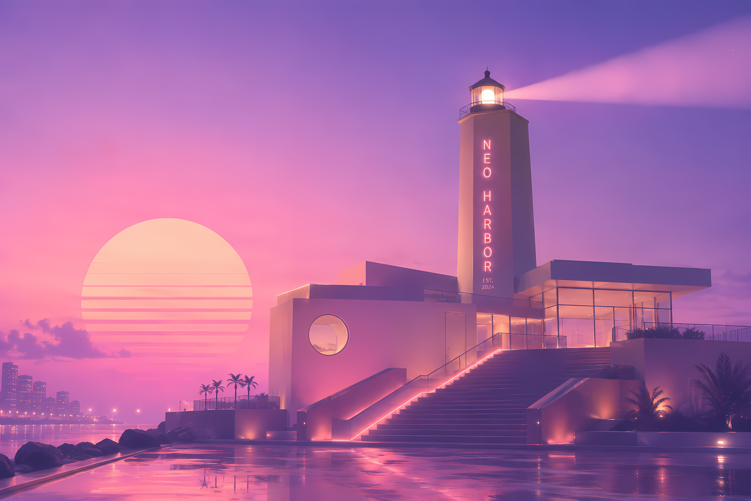 Lighthouse with neon sign that reads 'NEO HARBOR' against a pink and purple sunset sky, with stairs, palm trees, and city skyline in the background.