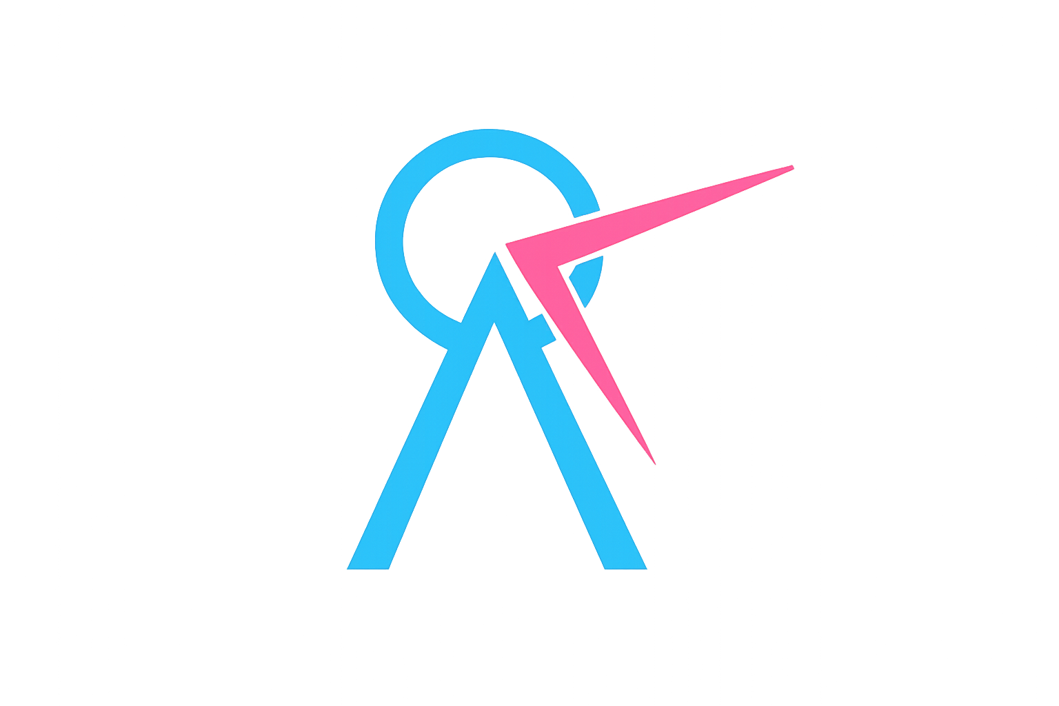 Neon light house abstract logo, blue and circle, and a pink beacon of light shining out