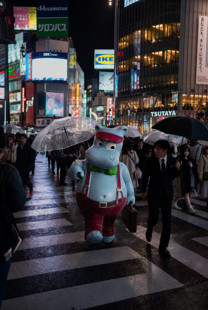 A cartoon hippo character with a blue body, wearing a red hat, red pants, and carrying a briefcase, walking in a busy city crosswalk at night, with illuminated signs and tall buildings in the background, some people holding umbrellas walking around.