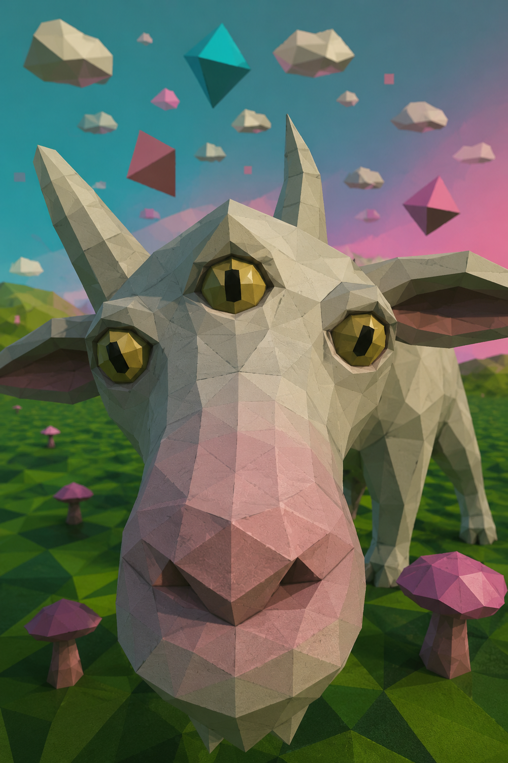 Low-poly 3D-rendered unicorn head with large yellow eyes, set in a colorful landscape with pink mushrooms and floating geometric clouds and shapes in the sky.