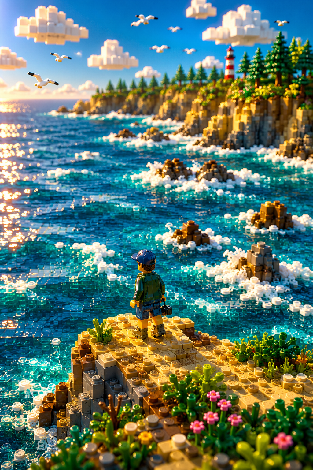 LEGO scene of a person standing on a cliff overlooking the ocean with gulls flying overhead, a lighthouse in the distance, and a forested coastline.