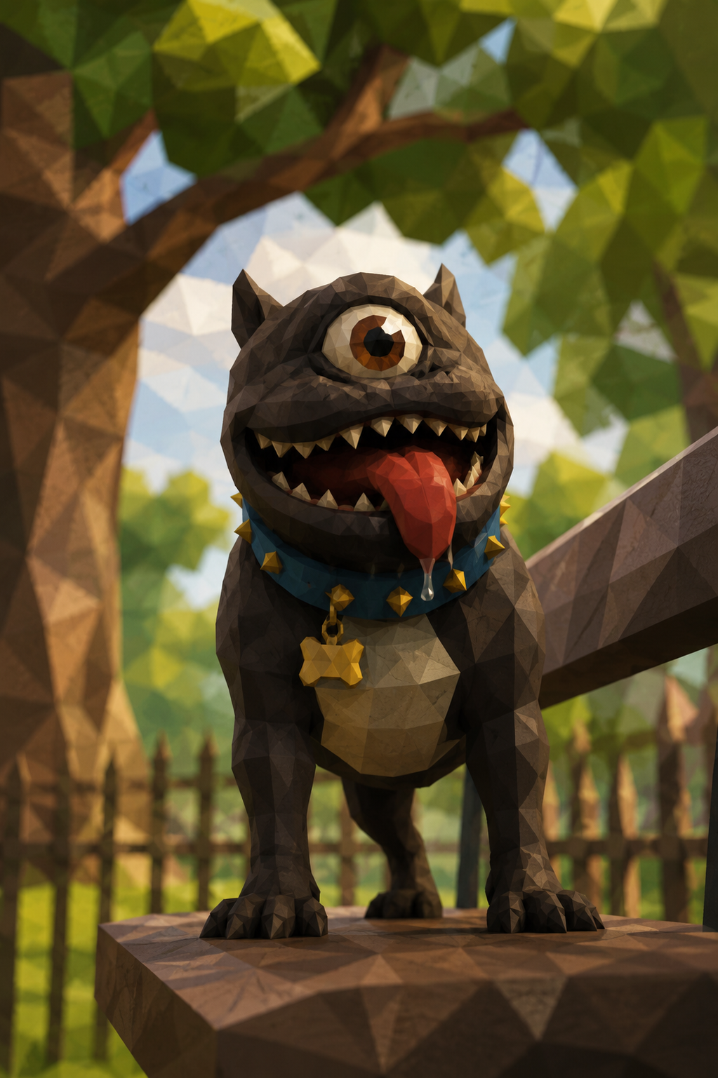A cartoonish, low-poly sculpture of a fantastical dog with one large eye, tongue hanging out, wearing a blue collar with yellow spikes and a yellow bone pendant, set outdoors with trees in the background.