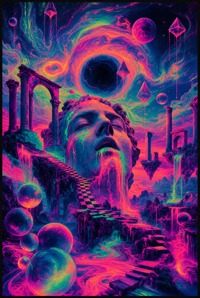 Surreal cosmic scene featuring a giant, ancient stone head with closed eyes and flowing rainbow-colored streams of water or energy. Surrounding the head are floating ancient ruins with columns and arches, glowing orbs and geometric shapes like tetrahedrons and cubes floating in space. A checkered path leads up to the head, with vibrant swirling nebulae, stars, and planets in the background, all depicted in neon, psychedelic colors.