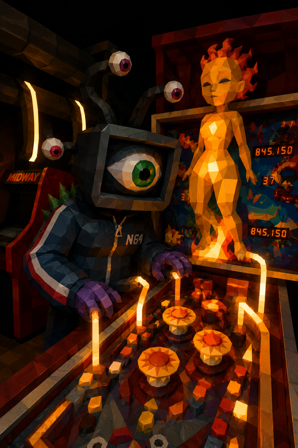 Pixel art scene featuring a humanoid figure with a TV head displaying a large eye, dressed in a racing suit with the label N64, playing pinball against a background with a fiery sun and digital score displays.