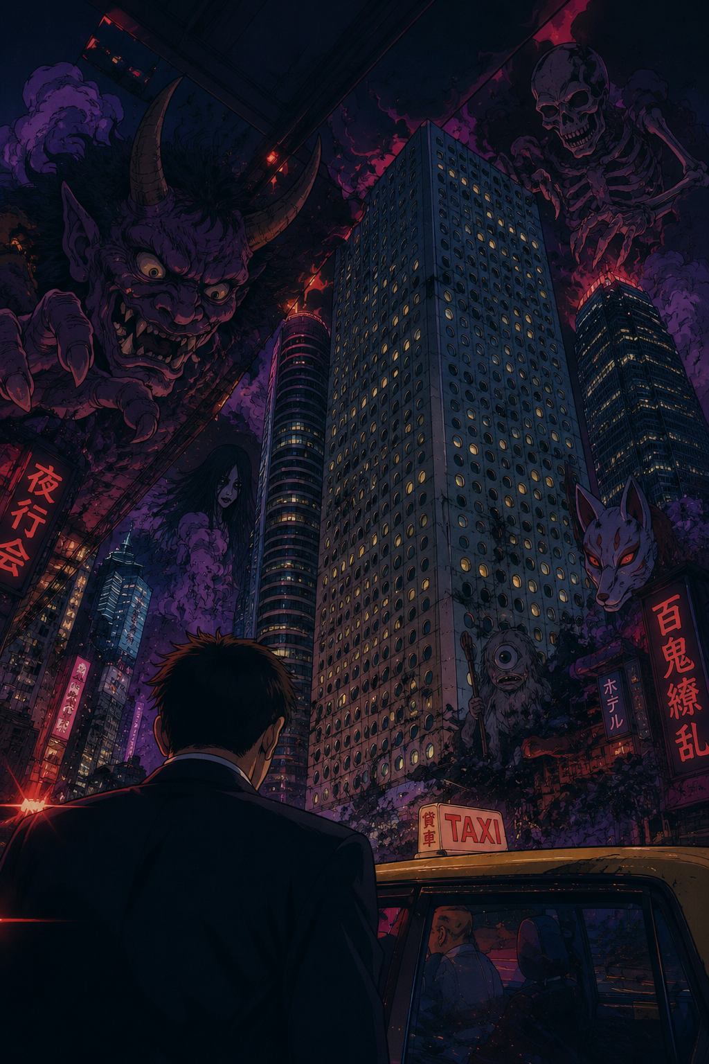 A dark, dystopian cityscape at night with tall buildings illuminated by neon lights. In the sky, giant monstrous figures — a demon with horns and a large monster with a skull face — loom over the city, accompanied by a large ghostly female figure and a wolf spirit. A man in a suit stands in the foreground, looking toward the city, with a taxi and other people visible.