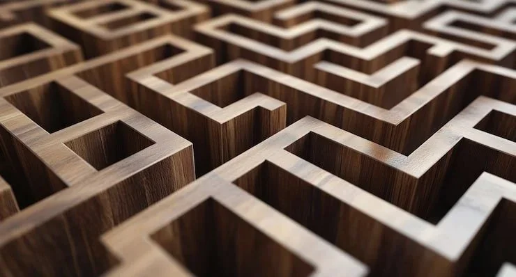 A wooden maze with open pathways, representing the therapeutic tagline 'find your way through' at Simon McCauley Counselling.