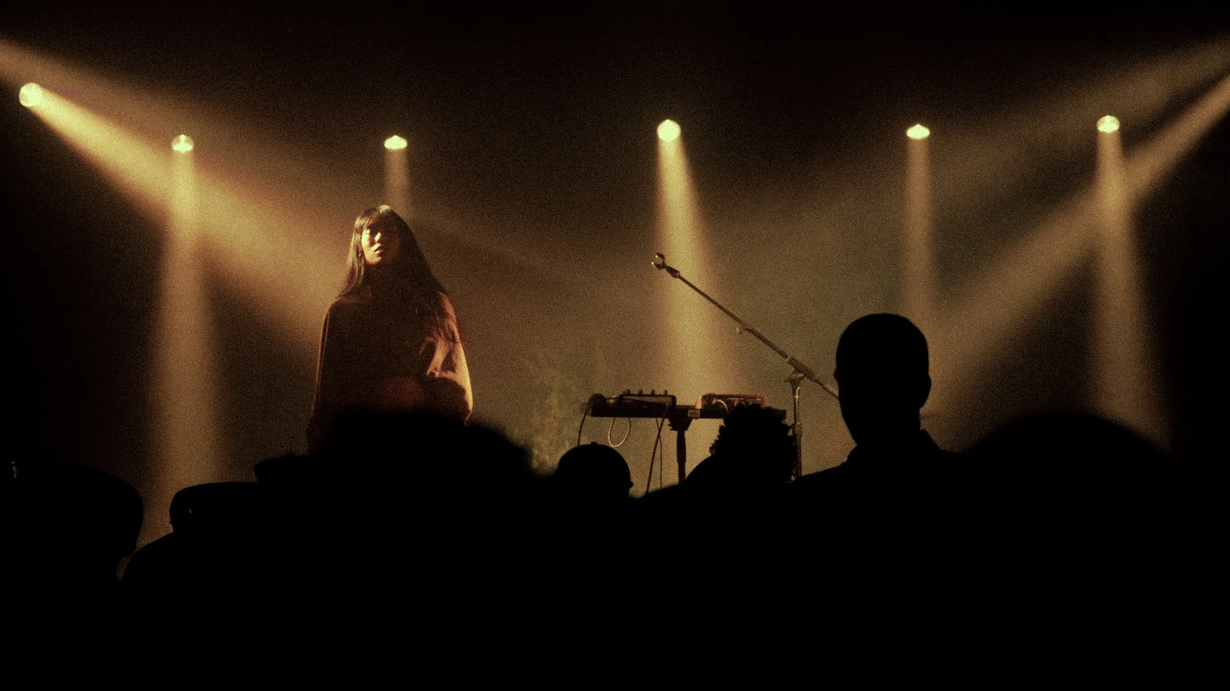 A woman with long hair is on stage in a dimly lit concert or performance venue, with fog and multiple spotlights overhead, standing near a microphone and electronic equipment.