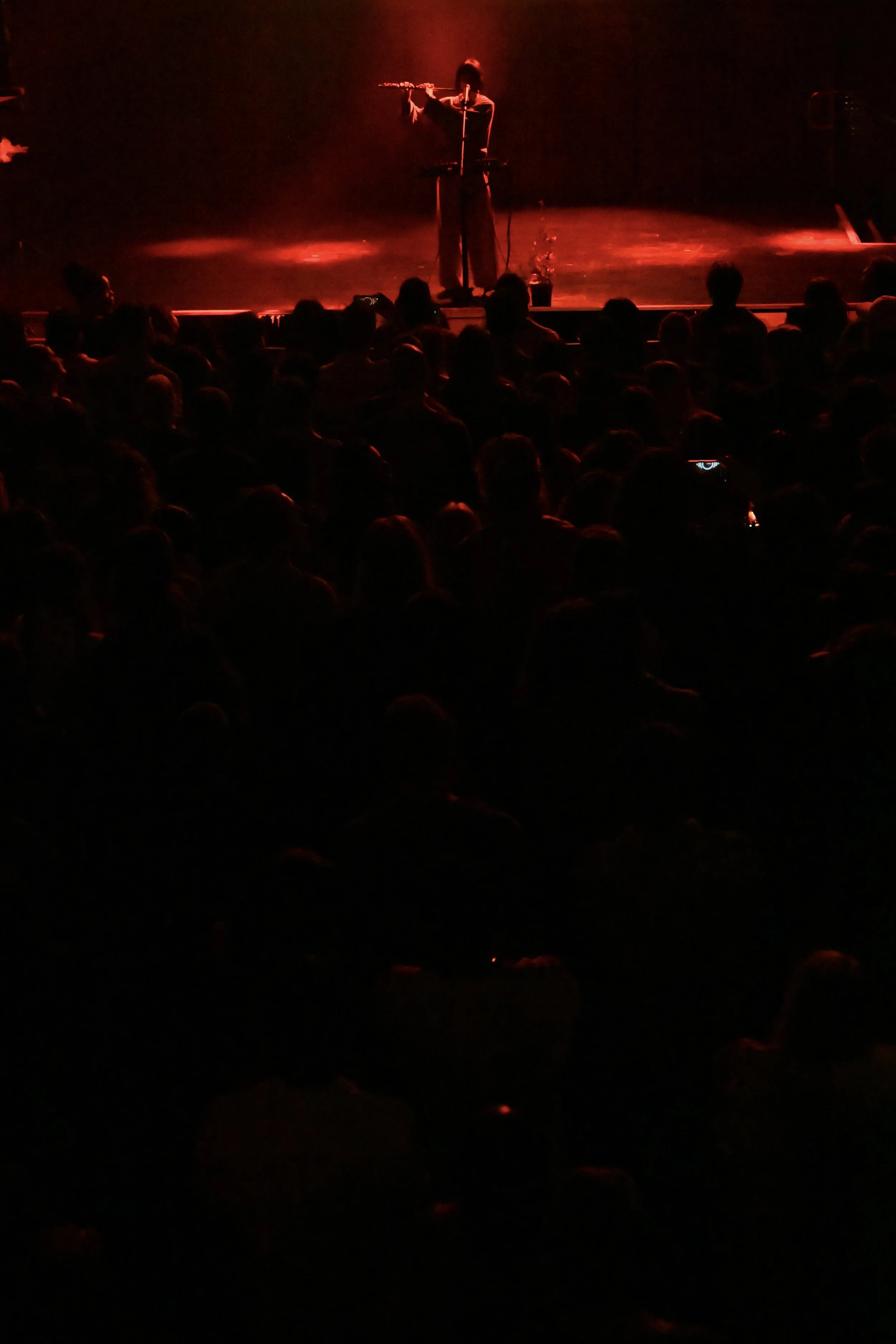 A person playing a flute on stage during a dimly lit performance with red lighting, audience silhouetted in front.