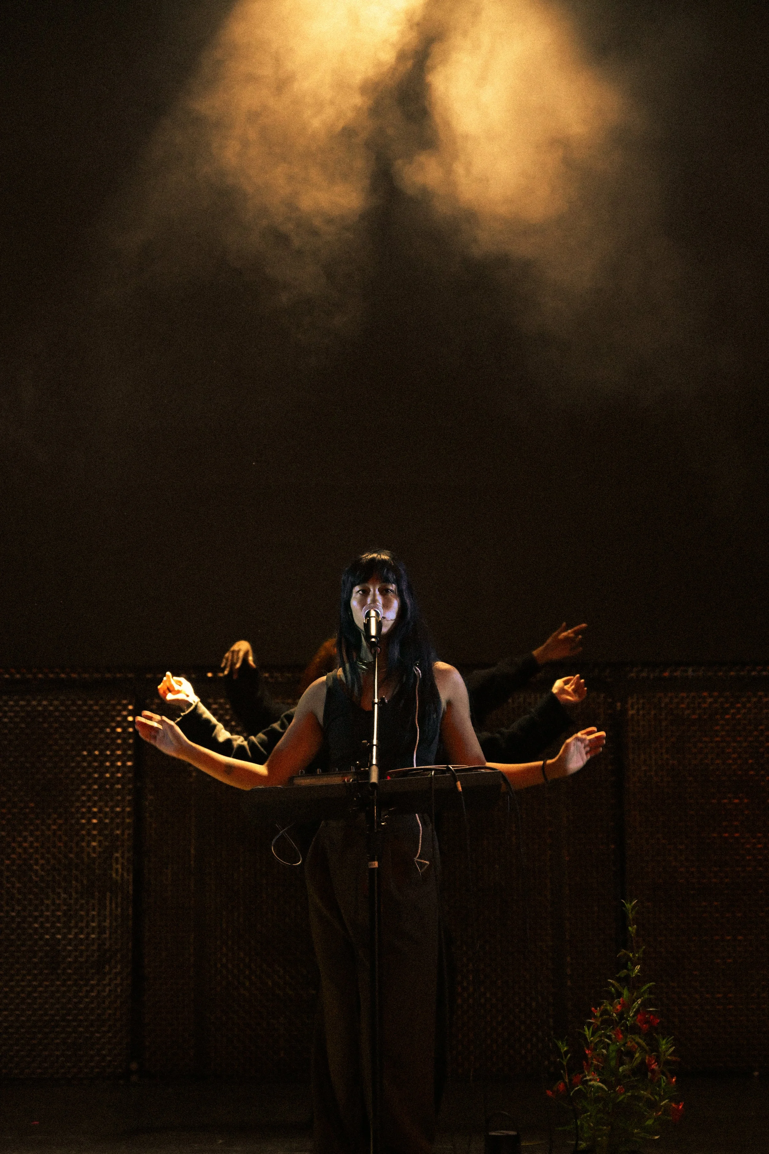 A woman with dark hair and a black sleeveless top is singing or speaking into a microphone on a stand. She is in front of a dark background with a textured wall. Behind her, multiple arms or hands extend outward, creating a symmetrical pattern. There