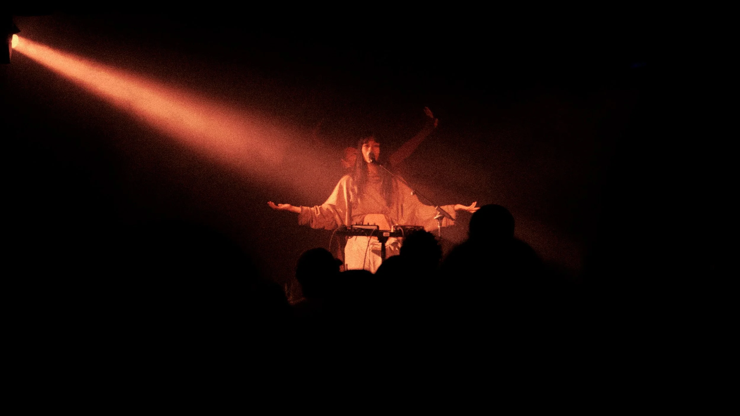 A woman with long hair and a microphone singing on stage, with one arm raised, illuminated by a pinkish-orange spotlight in a dark setting, with an audience in silhouette.