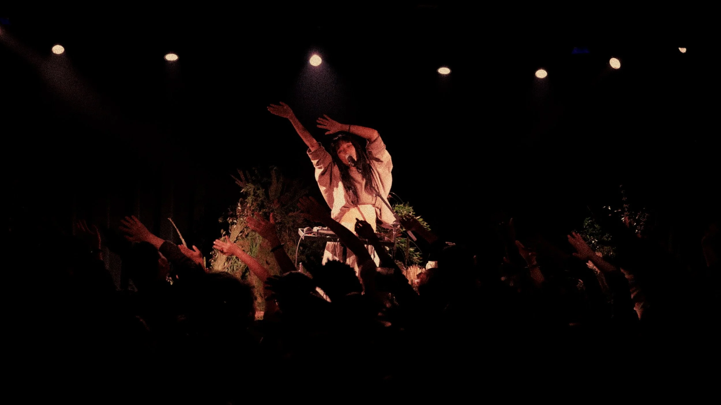 Performer with long hair and microphone on stage near plants, audience with raised hands at concert or event.
