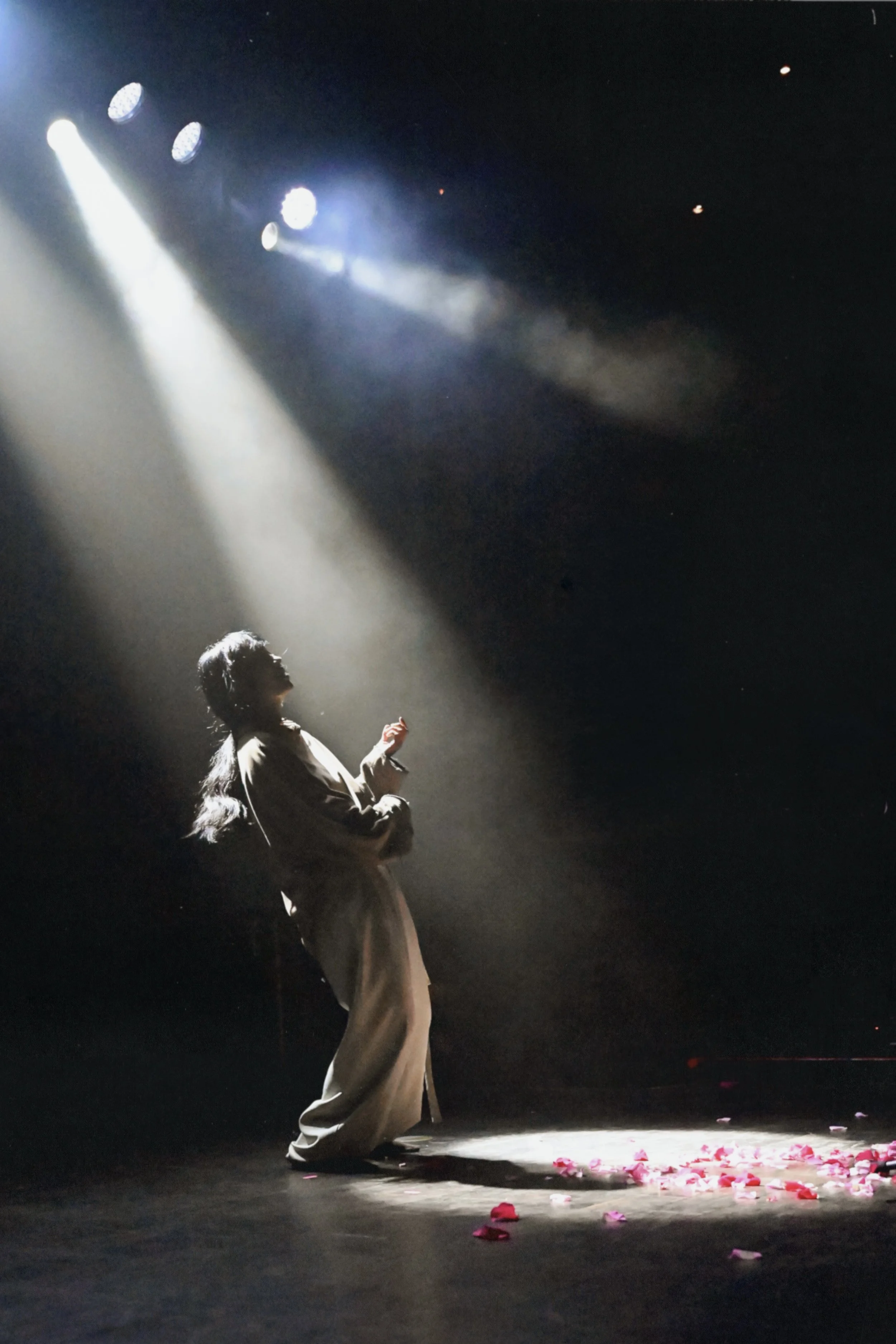 A woman in traditional attire performing on stage, illuminated by spotlights, with pink flower petals scattered on the floor.