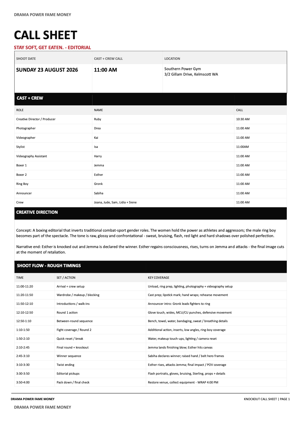 Call Sheet i.