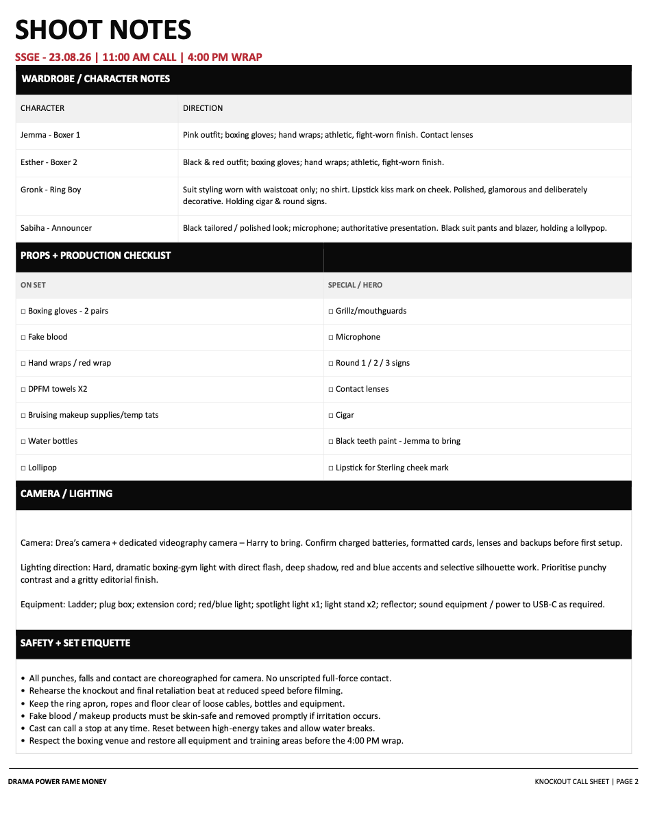 Call Sheet ii.