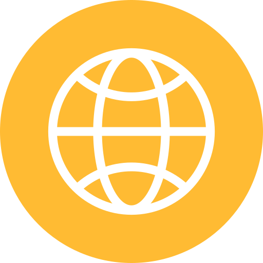 Icon of a globe with gridlines on an orange background, representing global connectivity or international network.