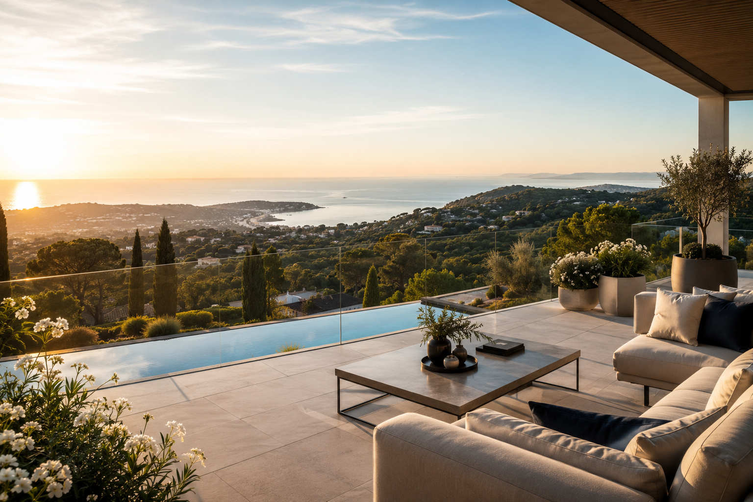 A modern outdoor patio overlooking a coastal landscape during sunset. The patio features a beige sectional sofa with pillows, a concrete coffee table with decorative vases and books, potted plants, and an infinity pool with glass railing. The view includes green hills, trees, and the ocean in the distance.