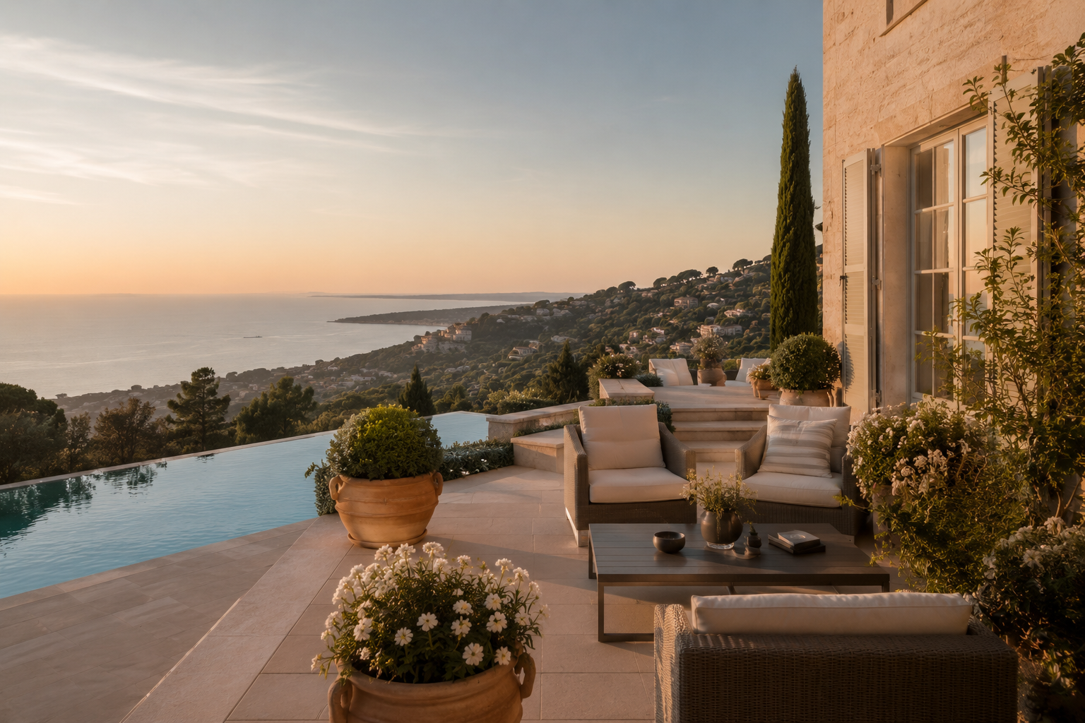 An outdoor patio with lounge chairs, potted plants, and a coffee table overlooking a scenic hillside and ocean during sunset.