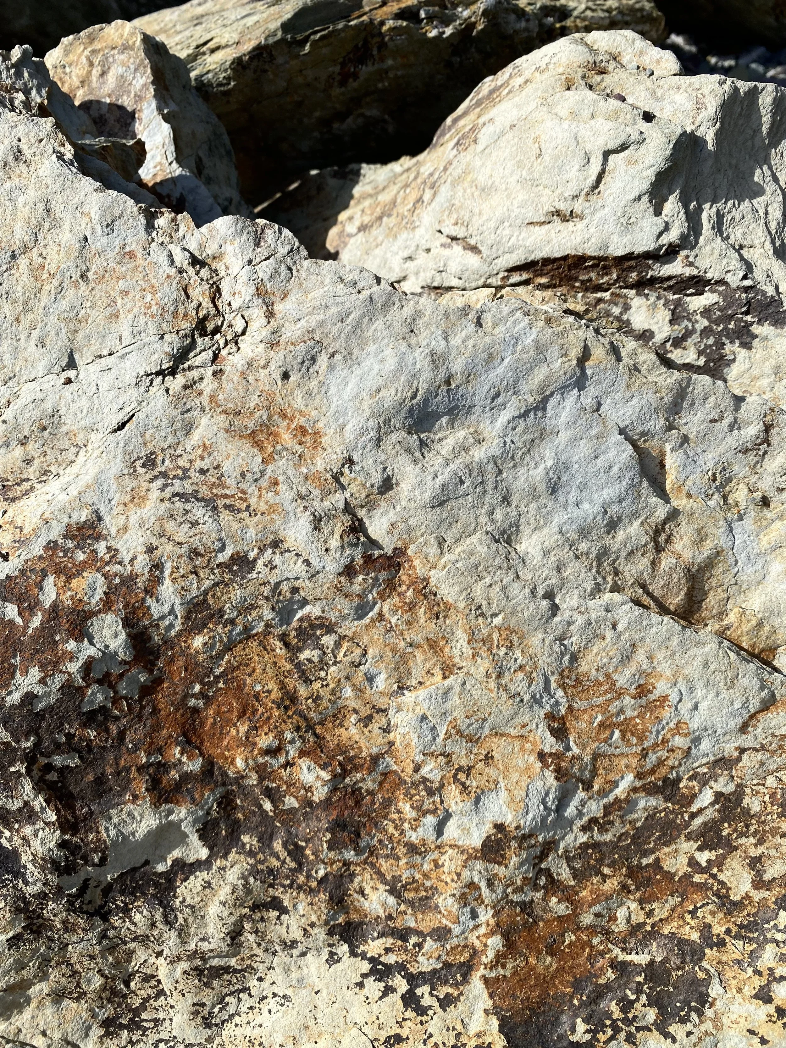 Close-up of rough, weathered rocks with a mix of light and dark gray, brown, and rust-colored patches.