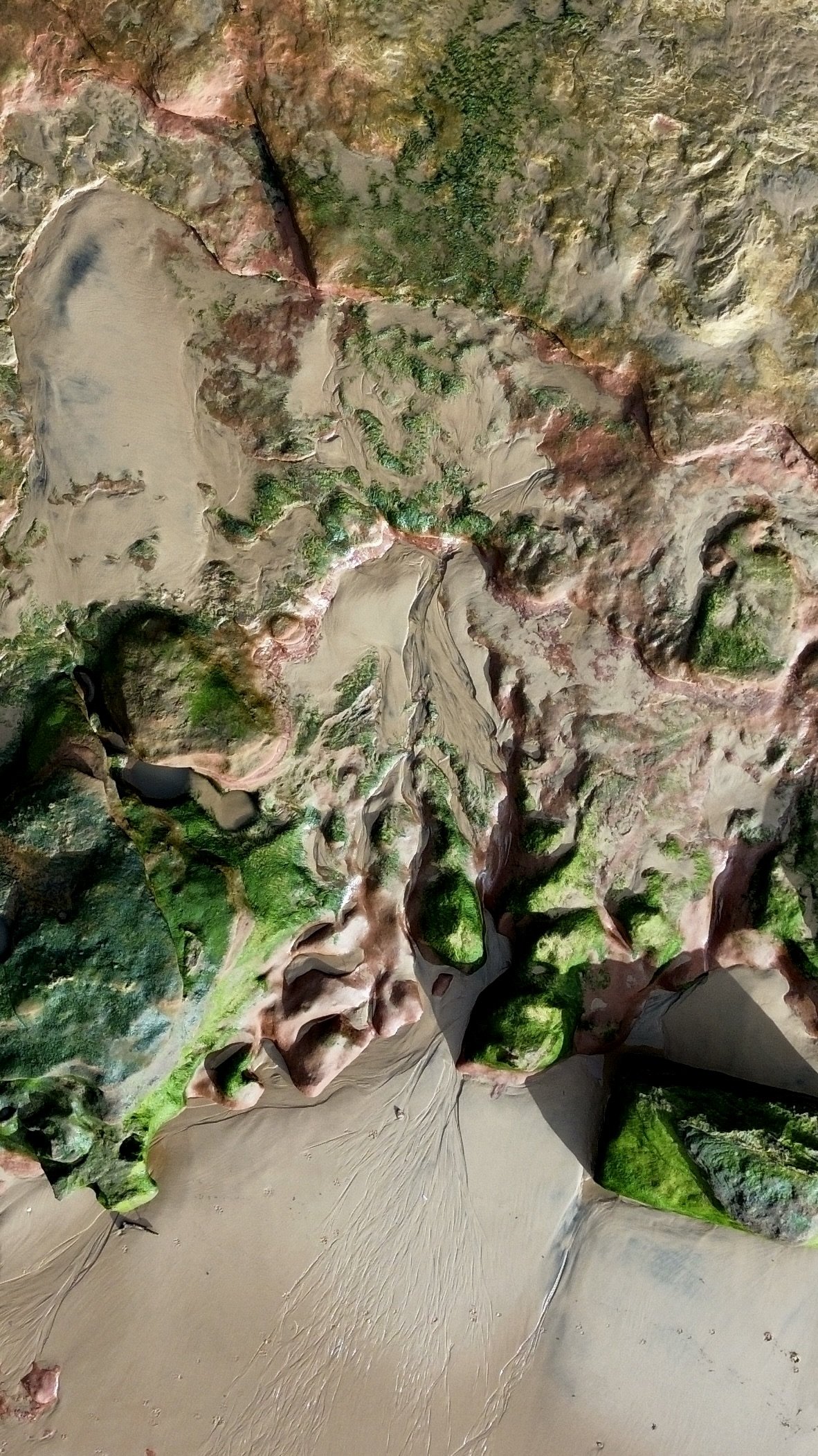 Aerial view of a landscape with patches of greenery, brown and reddish terrain, and winding river or creek through the area.
