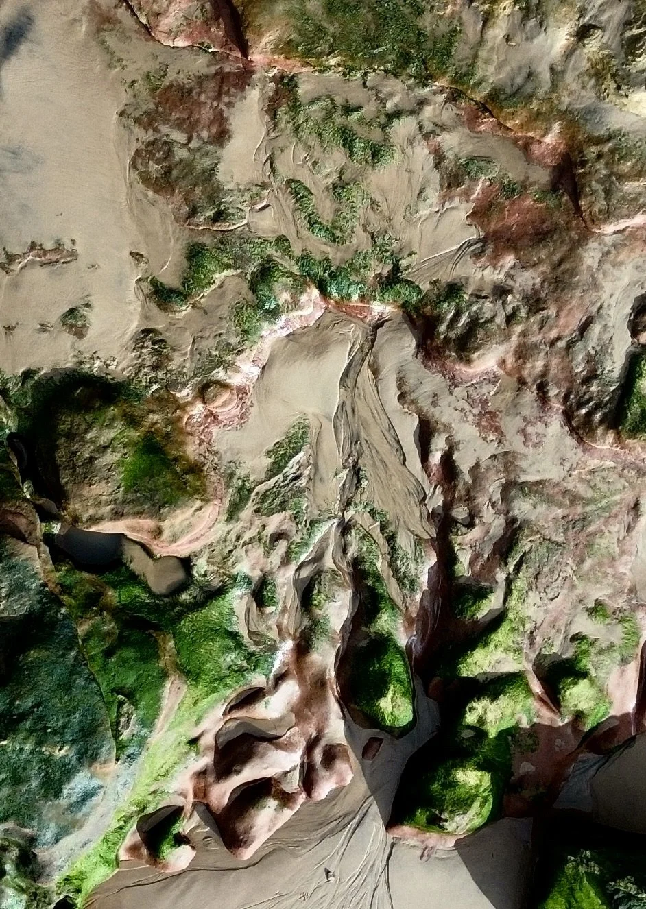 Aerial view of a winding river flowing through a canyon with green mossy patches and rocky formations.