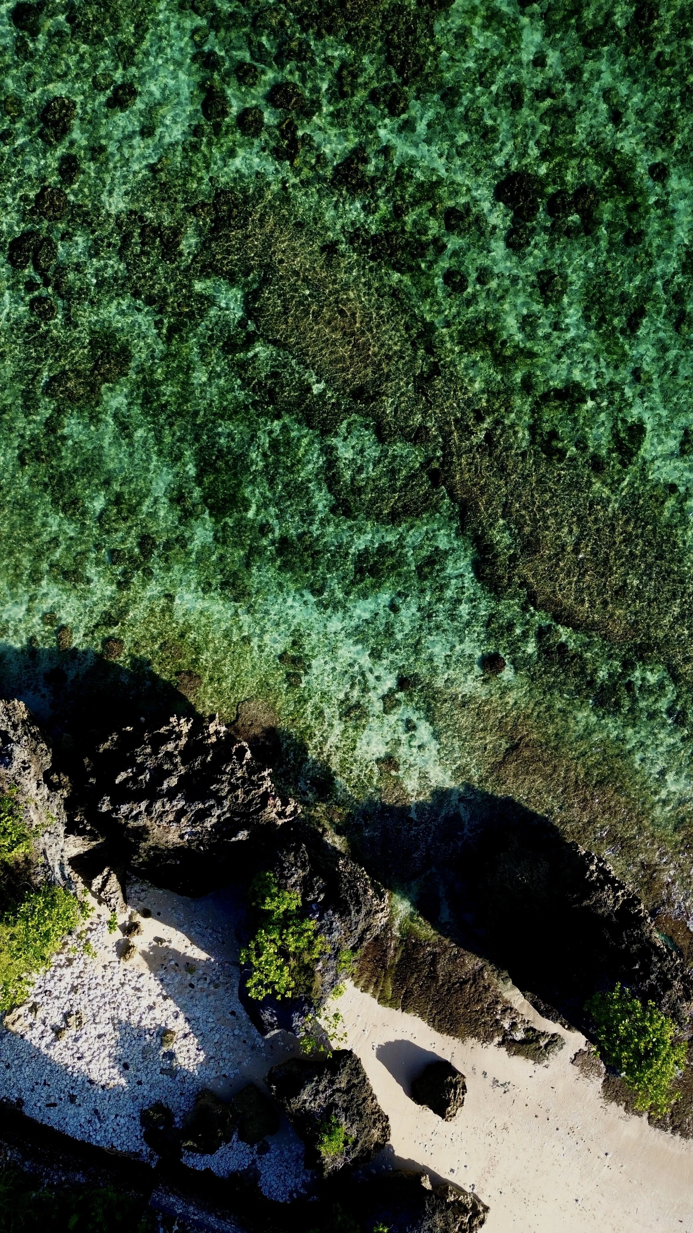 Aerial view of a beach with turquoise water, large rocks, and white sandy shore lined with green vegetation.