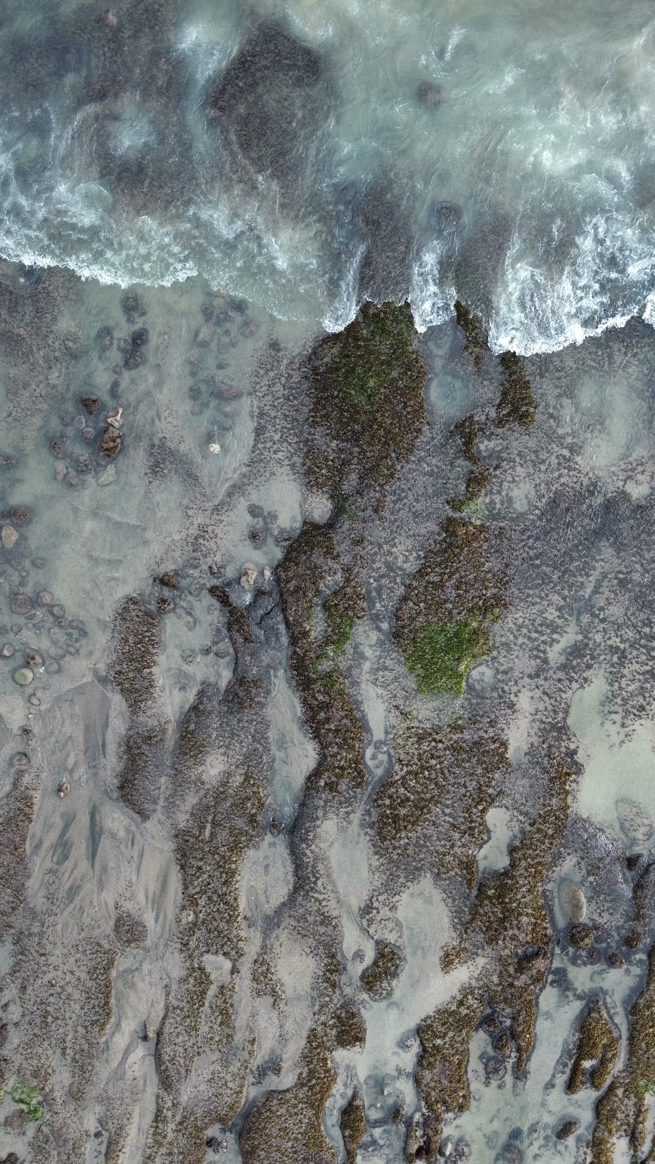 Aerial view of a shoreline with rocks, green moss, and foam from crashing waves.