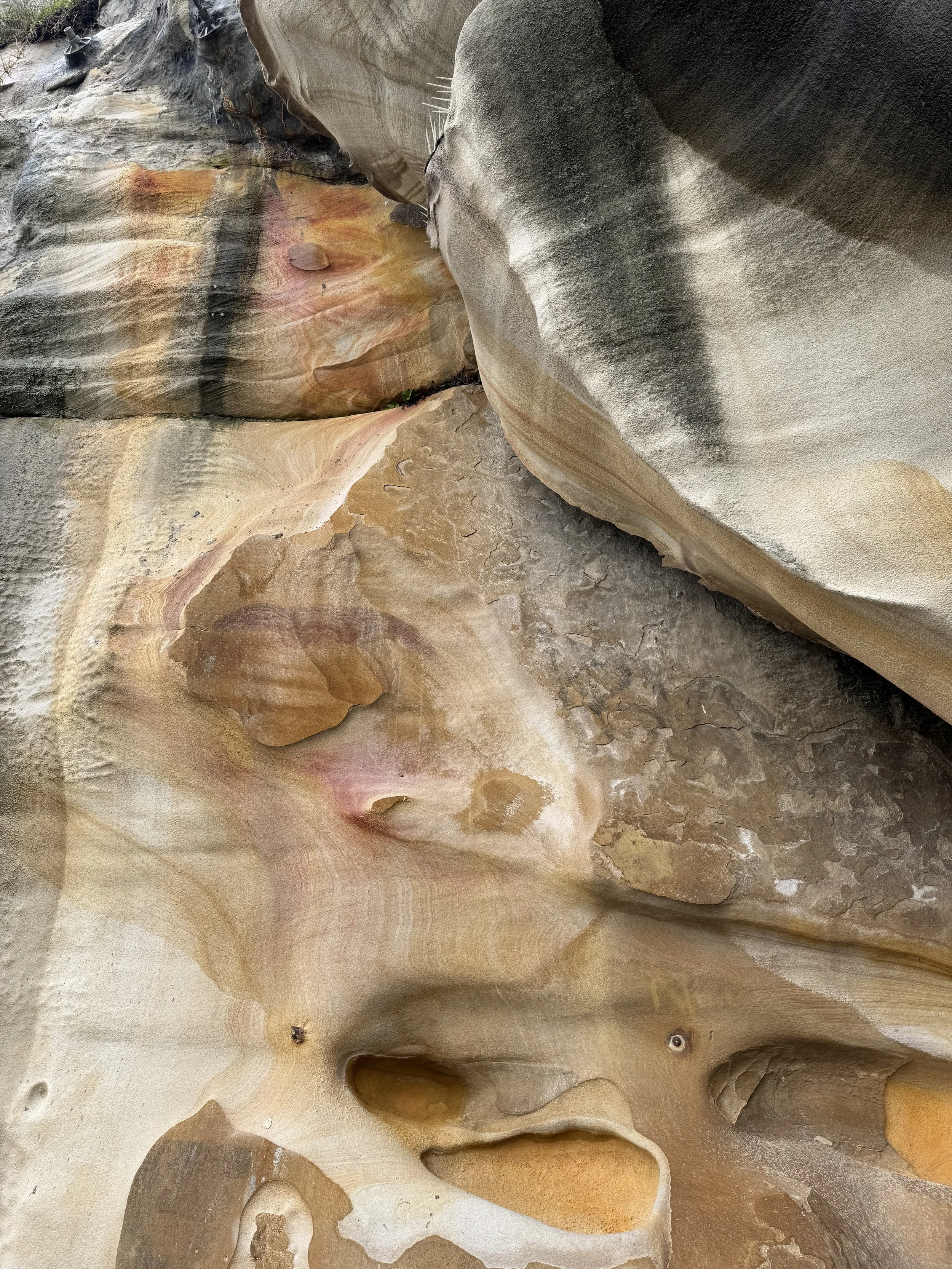 Close-up view of smooth, multicolored sandstone rock formations with swirling patterns and natural indentations.