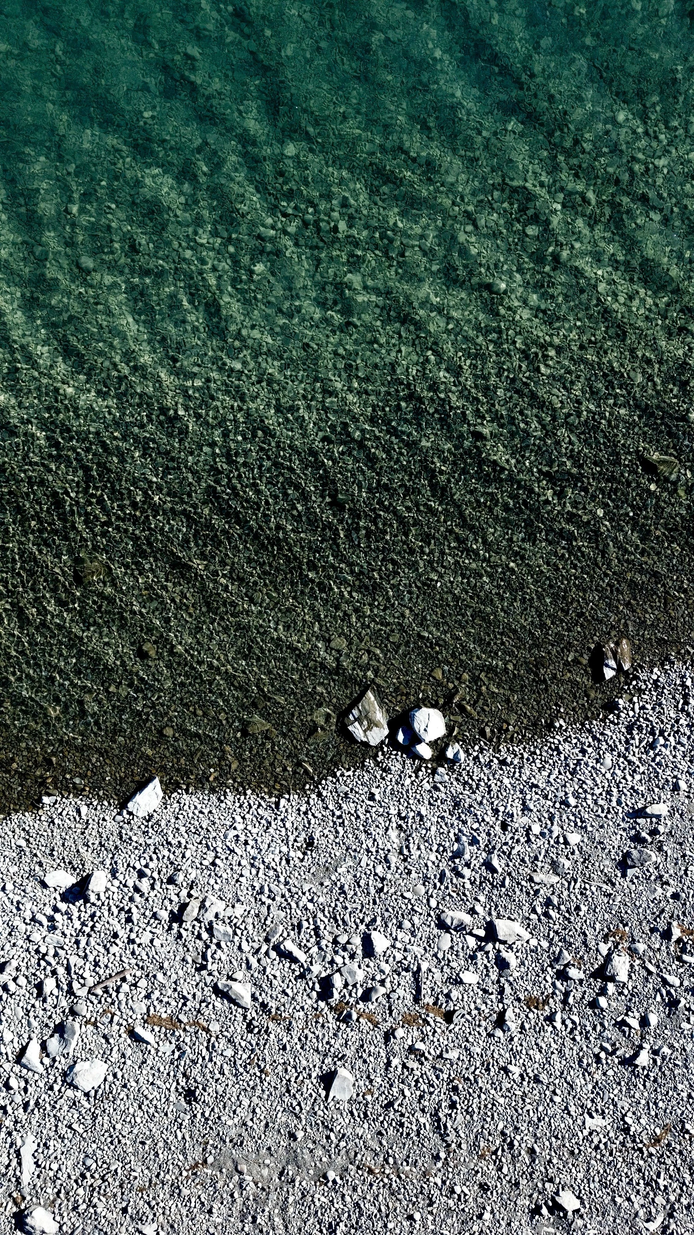 Image shows a beach with white pebbles and rocks, transitioning into a green, pebbled grassy area.