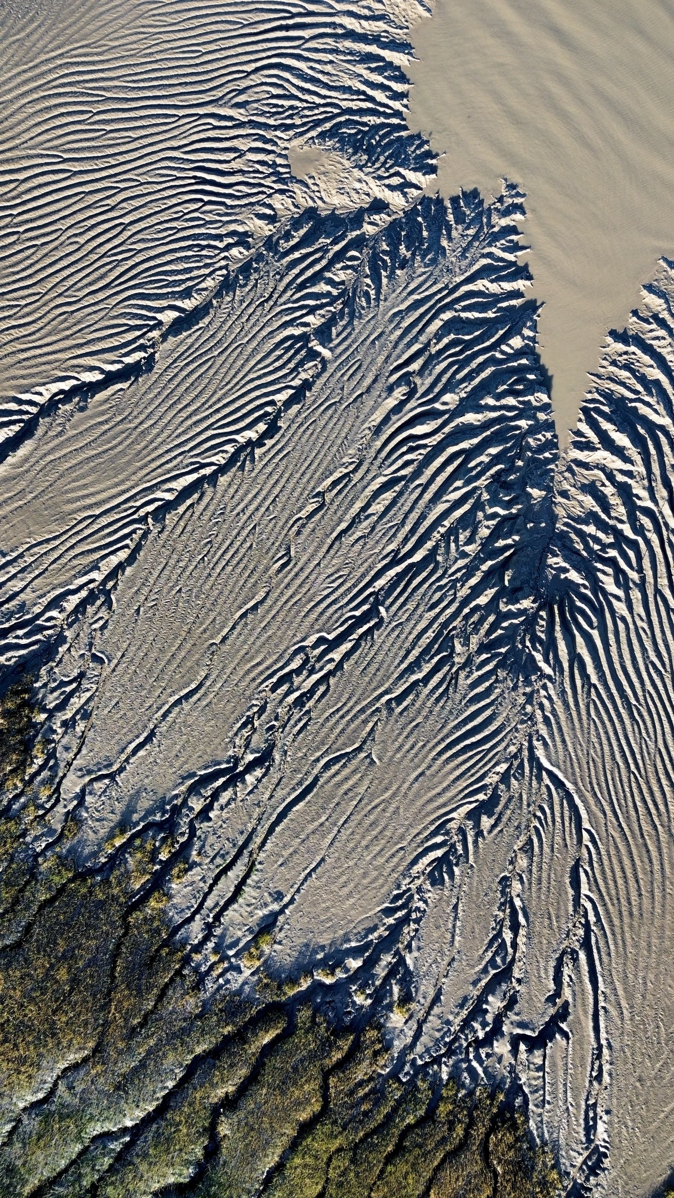 An aerial view of a desert landscape showing sand dunes with rippled patterns and some rocky areas with patches of green vegetation.