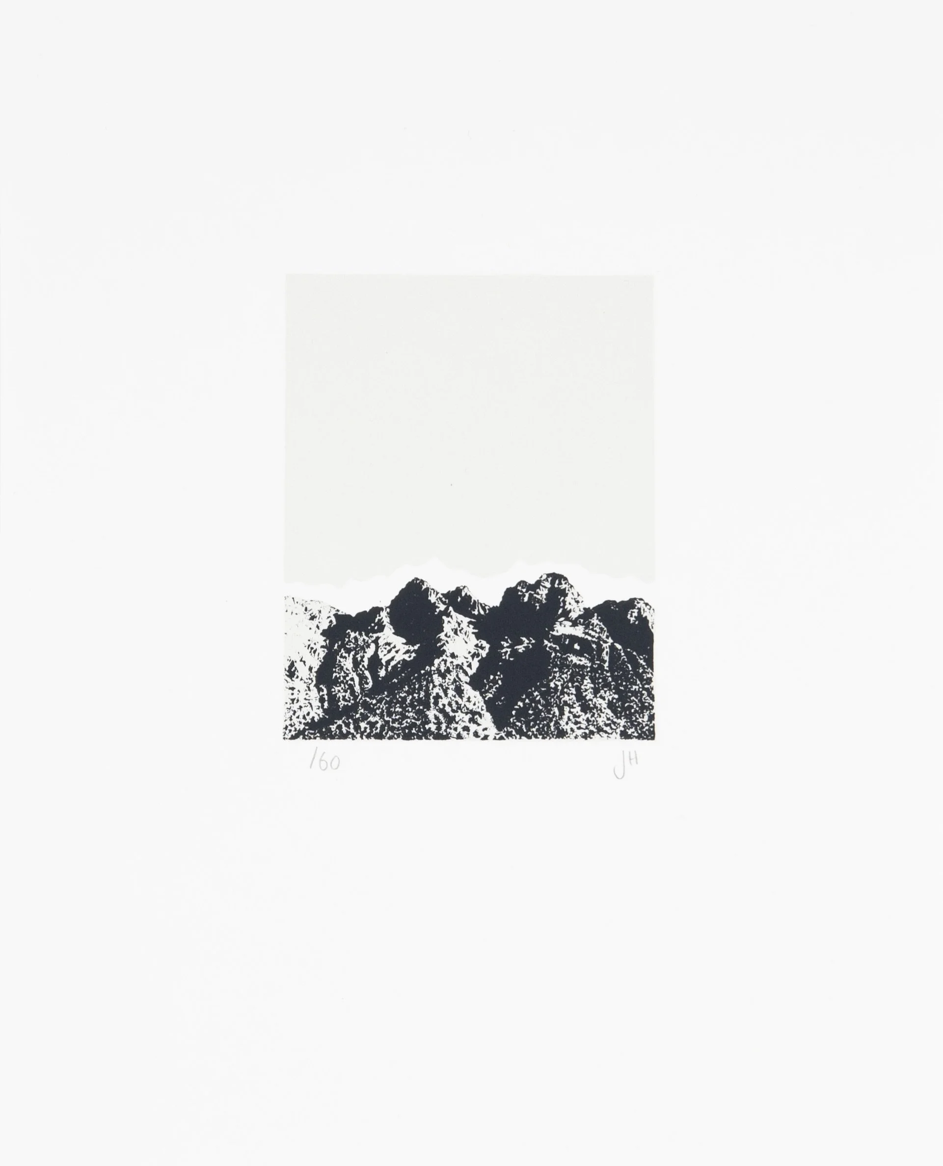 A black and white print of a mountain range, with some handwritten markings and a fraction 1/60 in the bottom left corner.