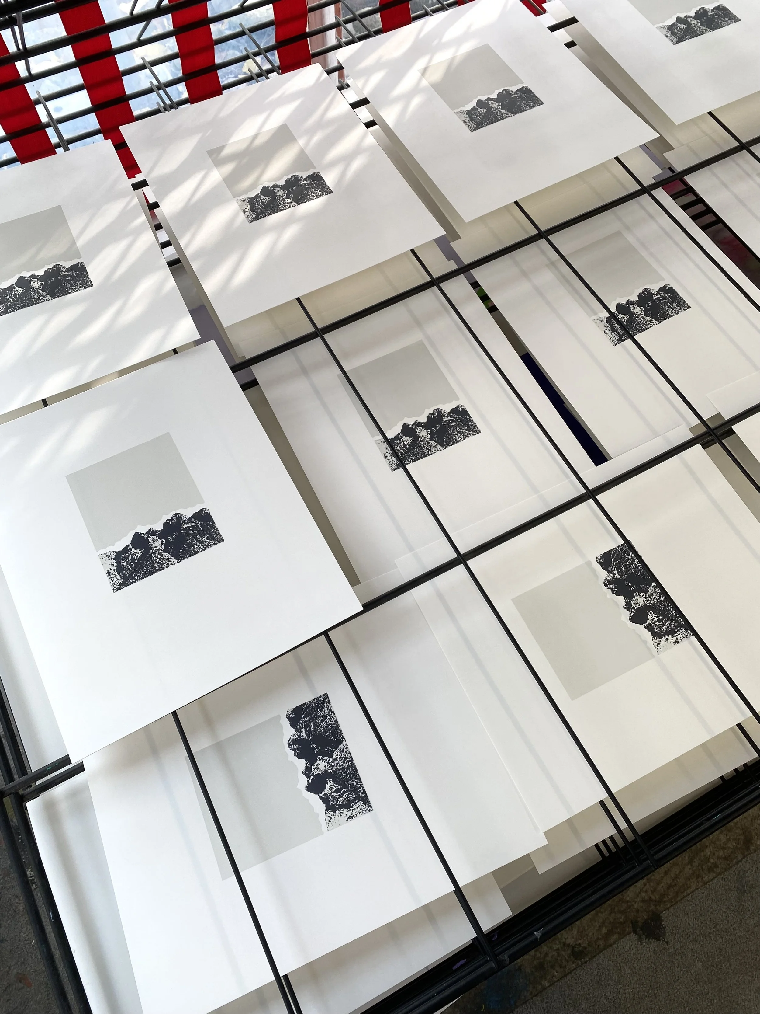 Black and white prints of mountain landscapes hanging in an art gallery.
