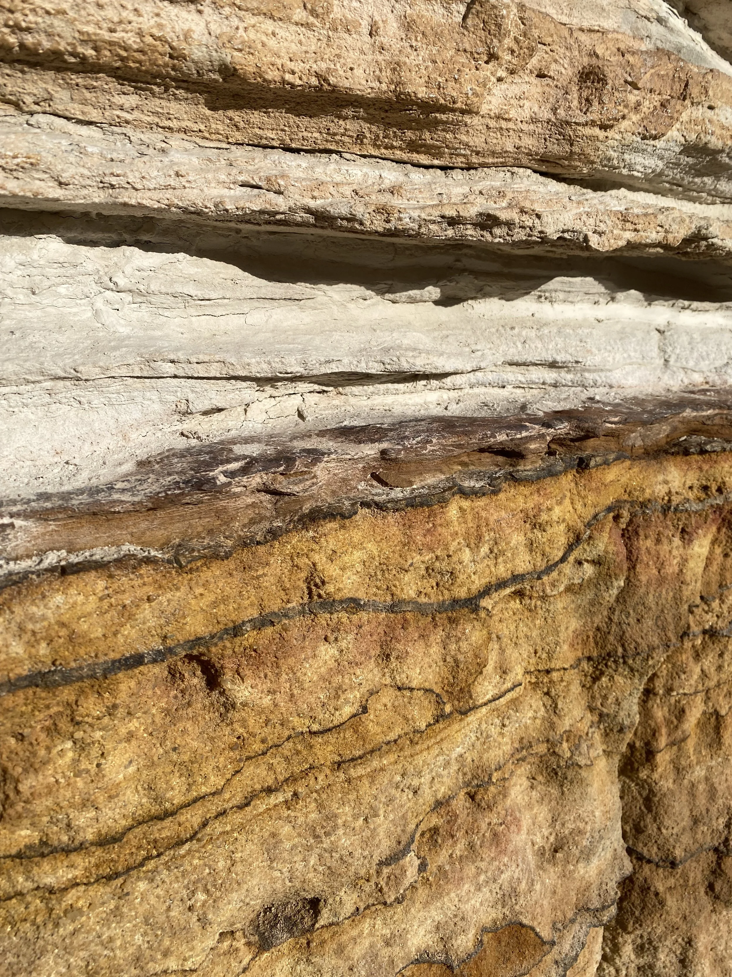 Close-up of textured layered rocks with various shades of brown, beige, and white.