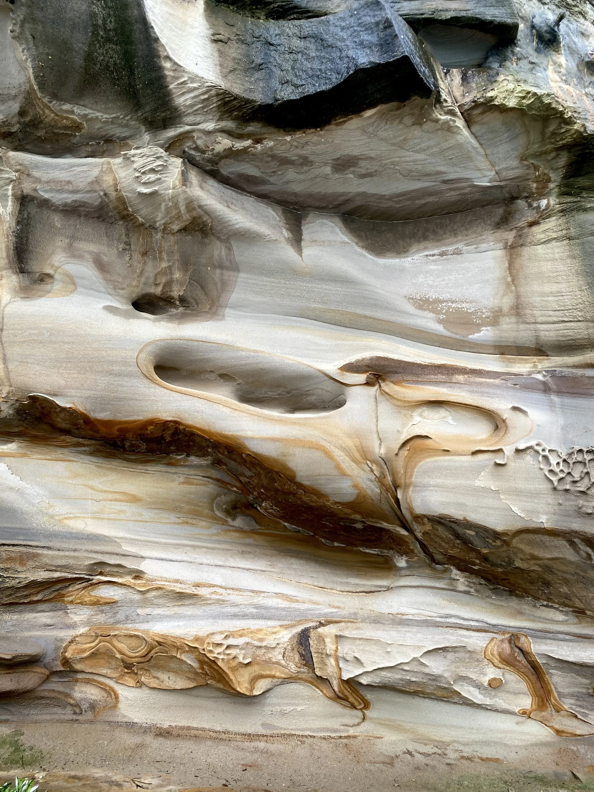 Smooth layered rock formation with various shades of brown, beige, and gray, featuring intricate patterns and textures.