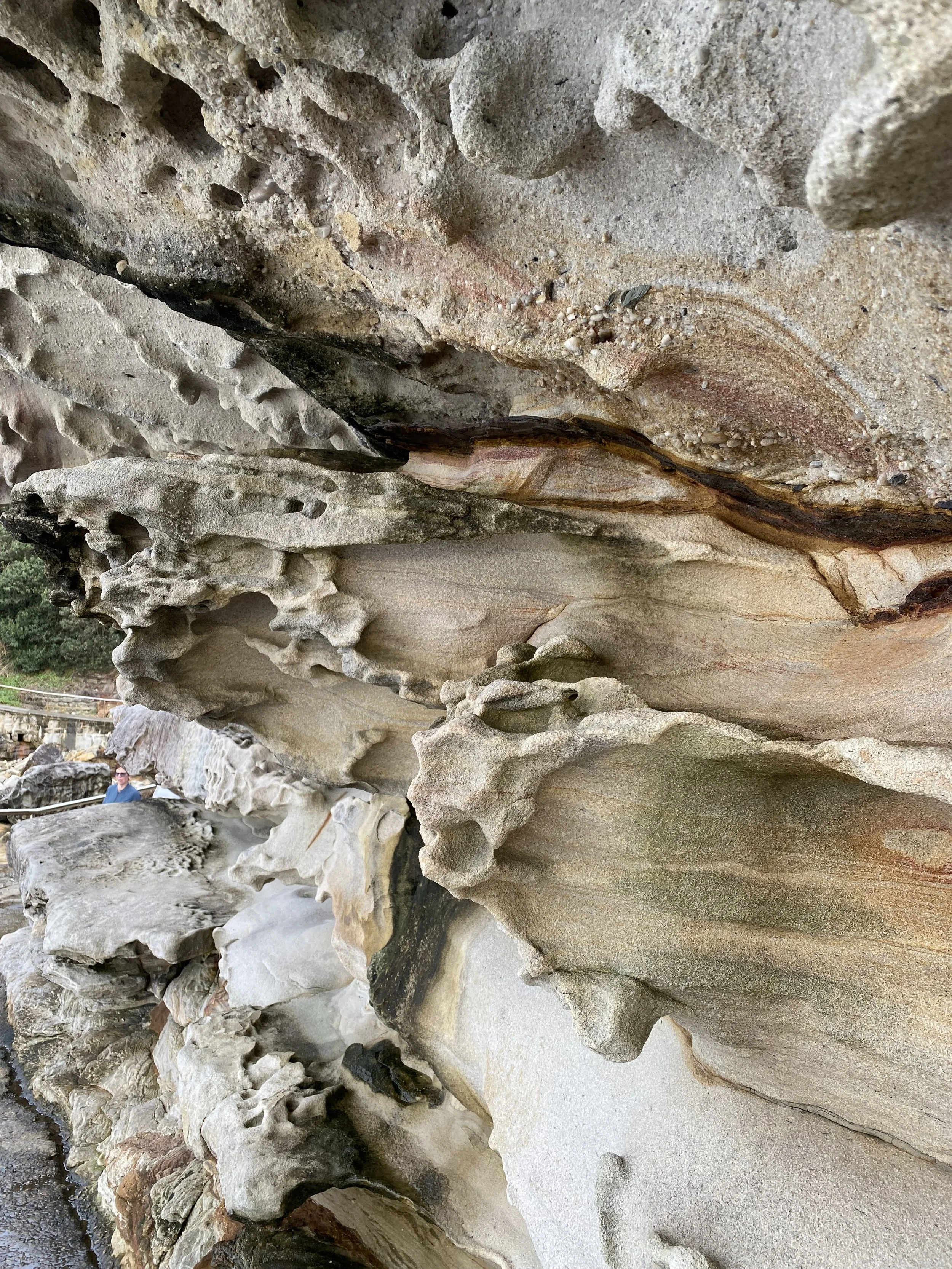 Close-up view of layered, weathered sandstone rocks with varied textures and colors, including shades of beige, tan, and black.