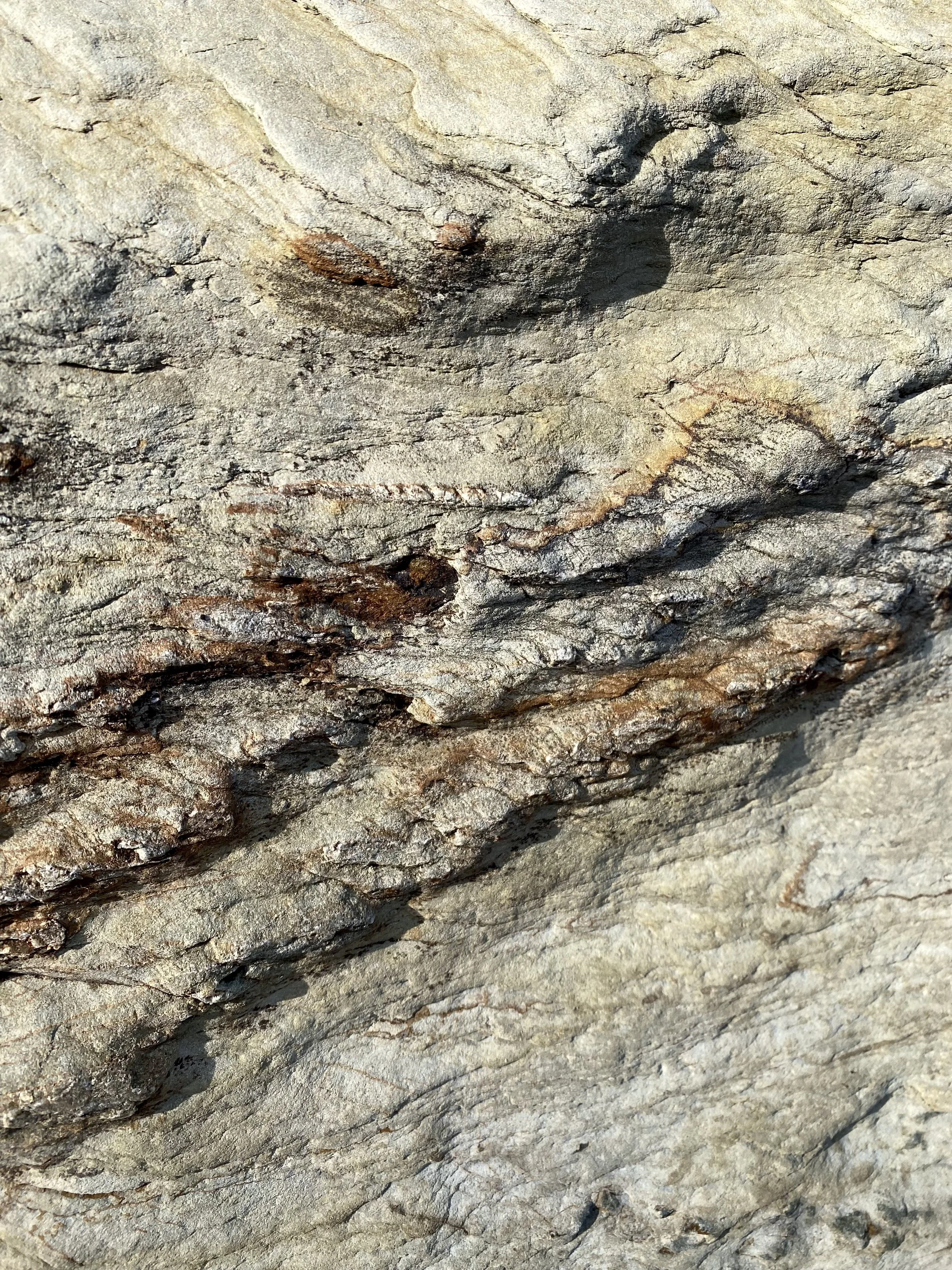Close-up of a weathered rock surface with visible cracks, textures, and natural color variations.