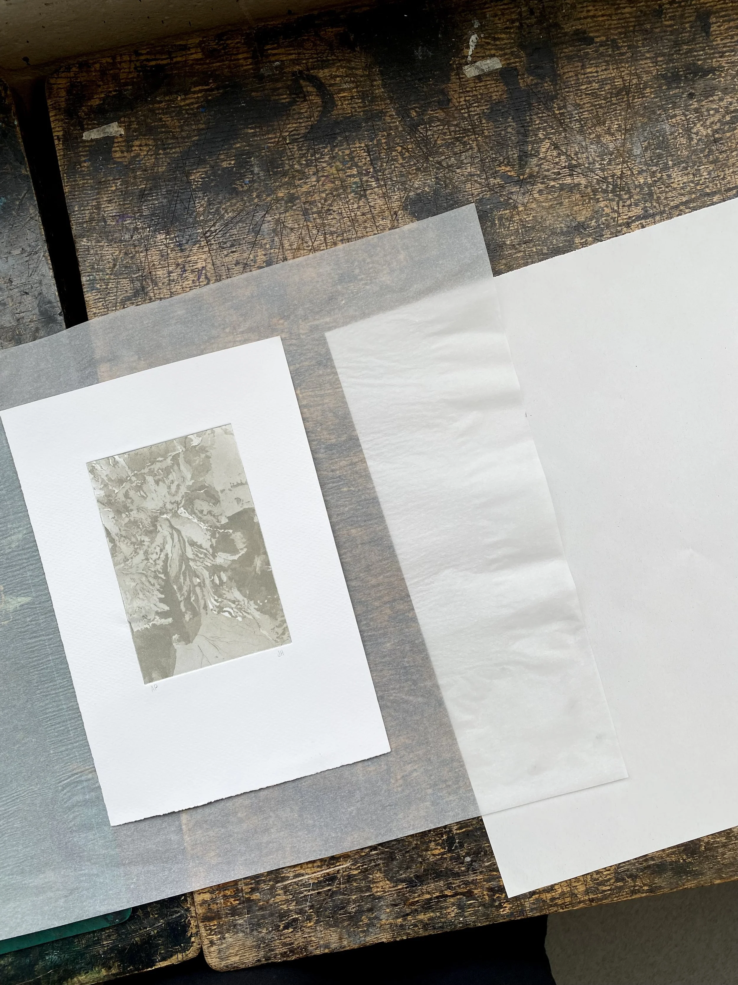 Photograph of a ink sketch printing on paper, surrounded by a larger strip of clear adhesive tape. The image appears to be a natural scene, possibly a forest, in a monochrome palette.