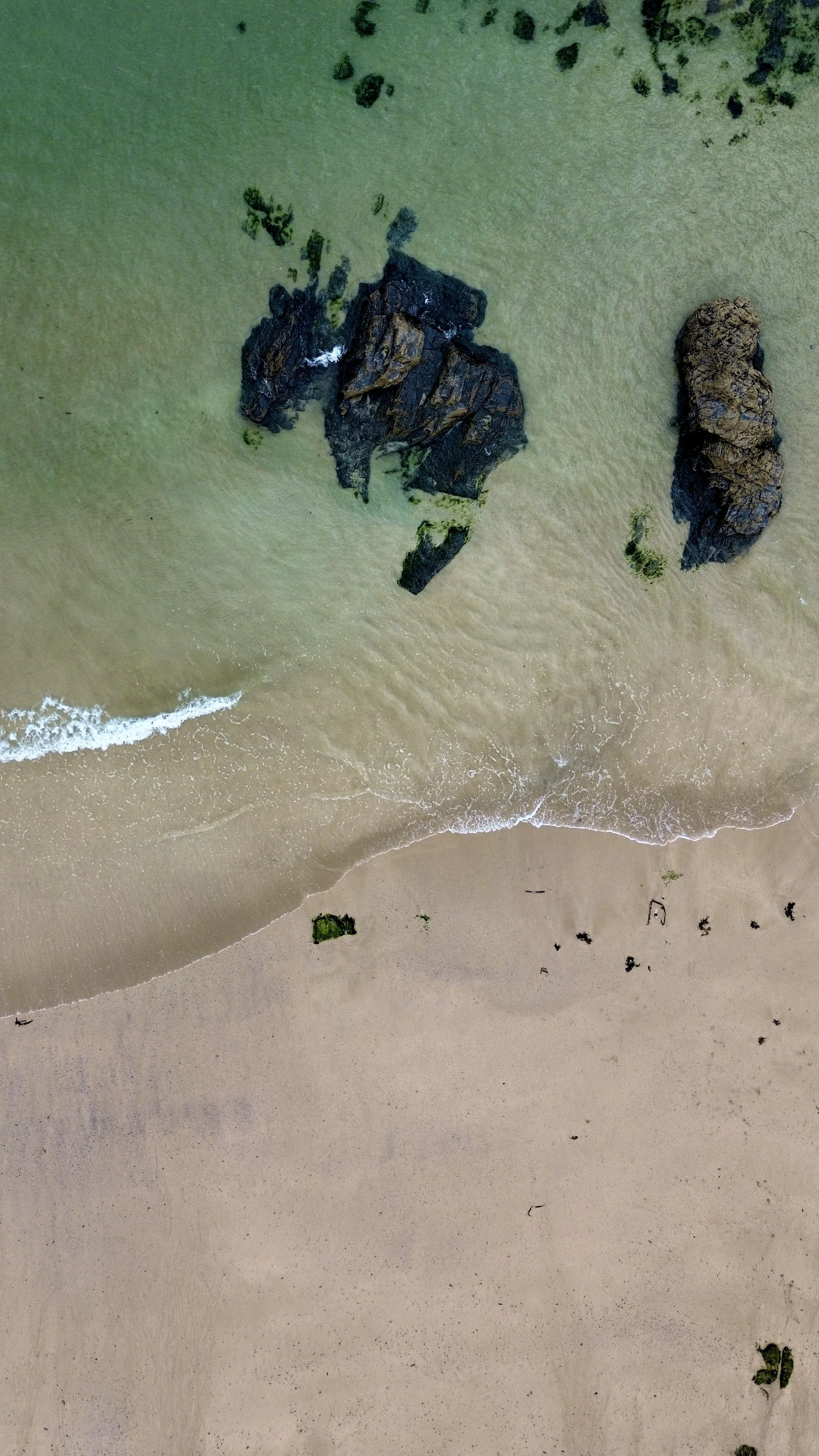 An aerial view of a sandy beach with waves crashing near the shoreline, large rocks in the water, and patches of green seaweed or moss on the rocks and sand.