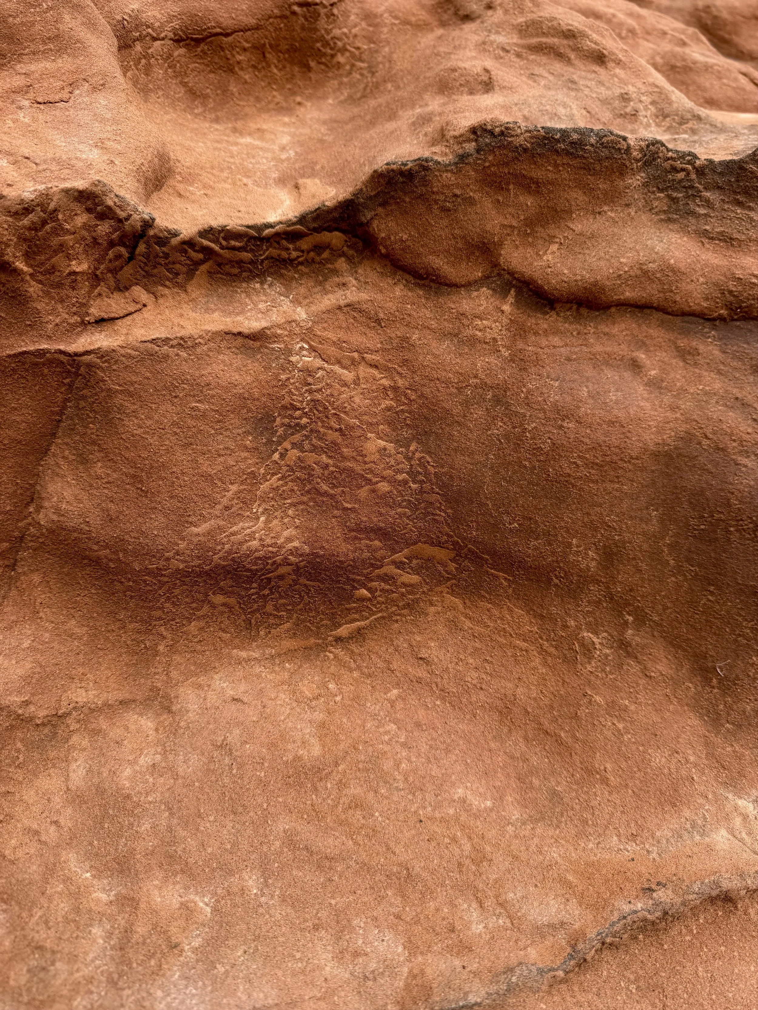 Close-up of red rock formation with rough and smooth textures.