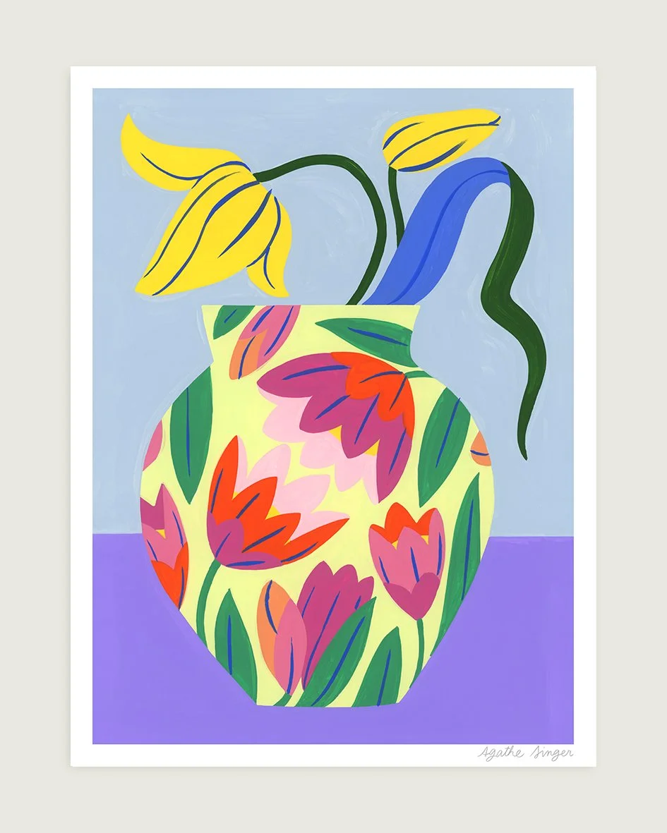 Flowers and vase yellow tulips