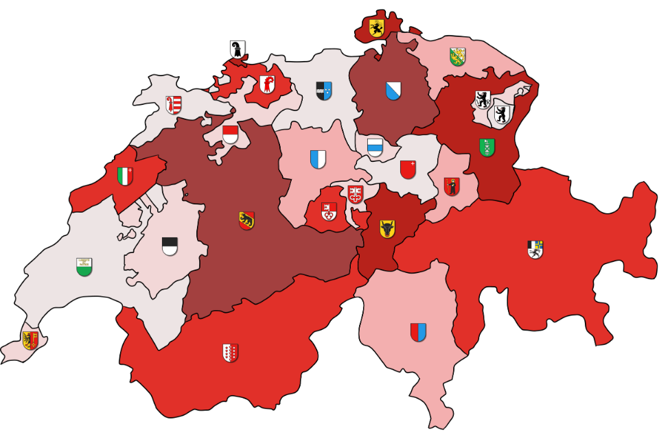 Karte der Schweiz mit Kantonsgrenzen und Wappen